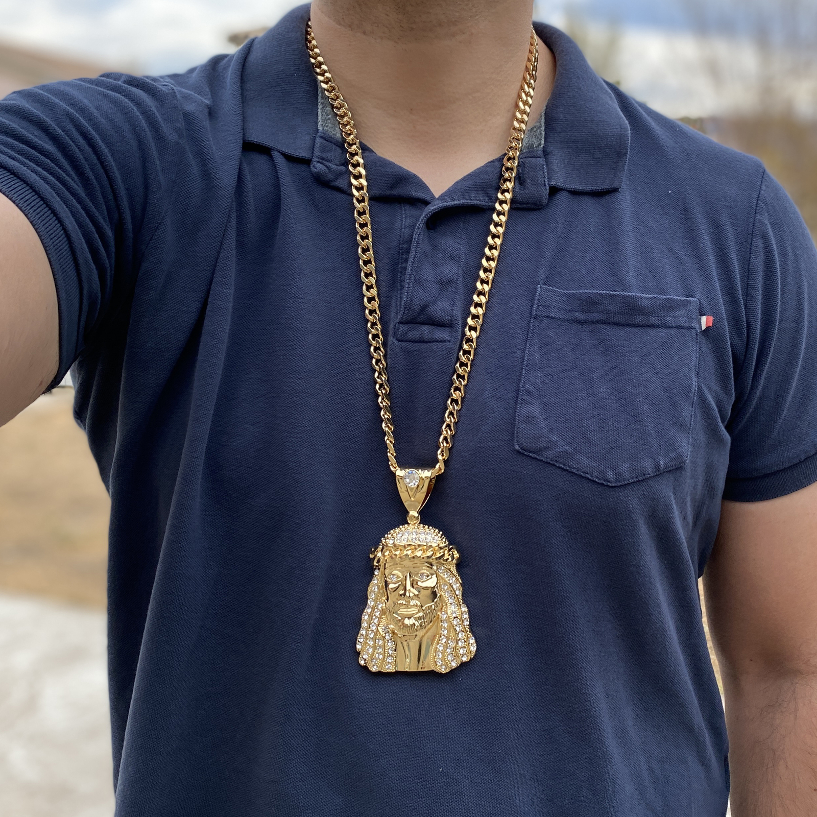 18K Gold Plated Huge Jesus Head Pendant CZ Necklace Hip Hop Cuban Link Chain 30″