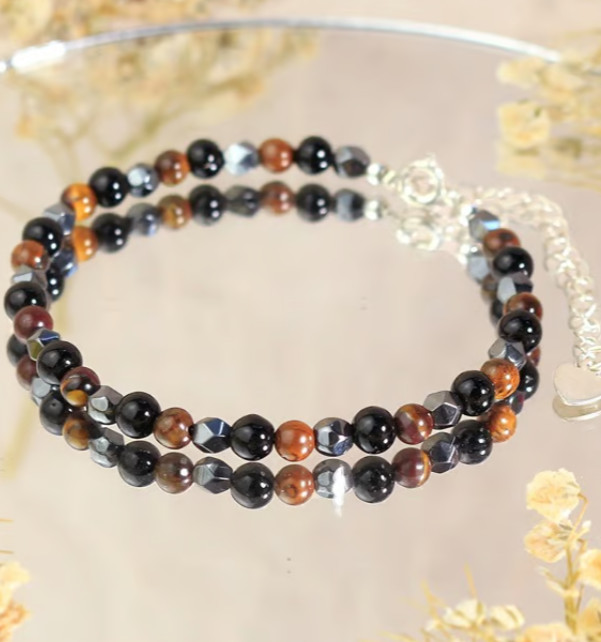 Tiger Eye Obsidian Hematite Bracelet – Triple Protection, Dainty Minimalist Bead