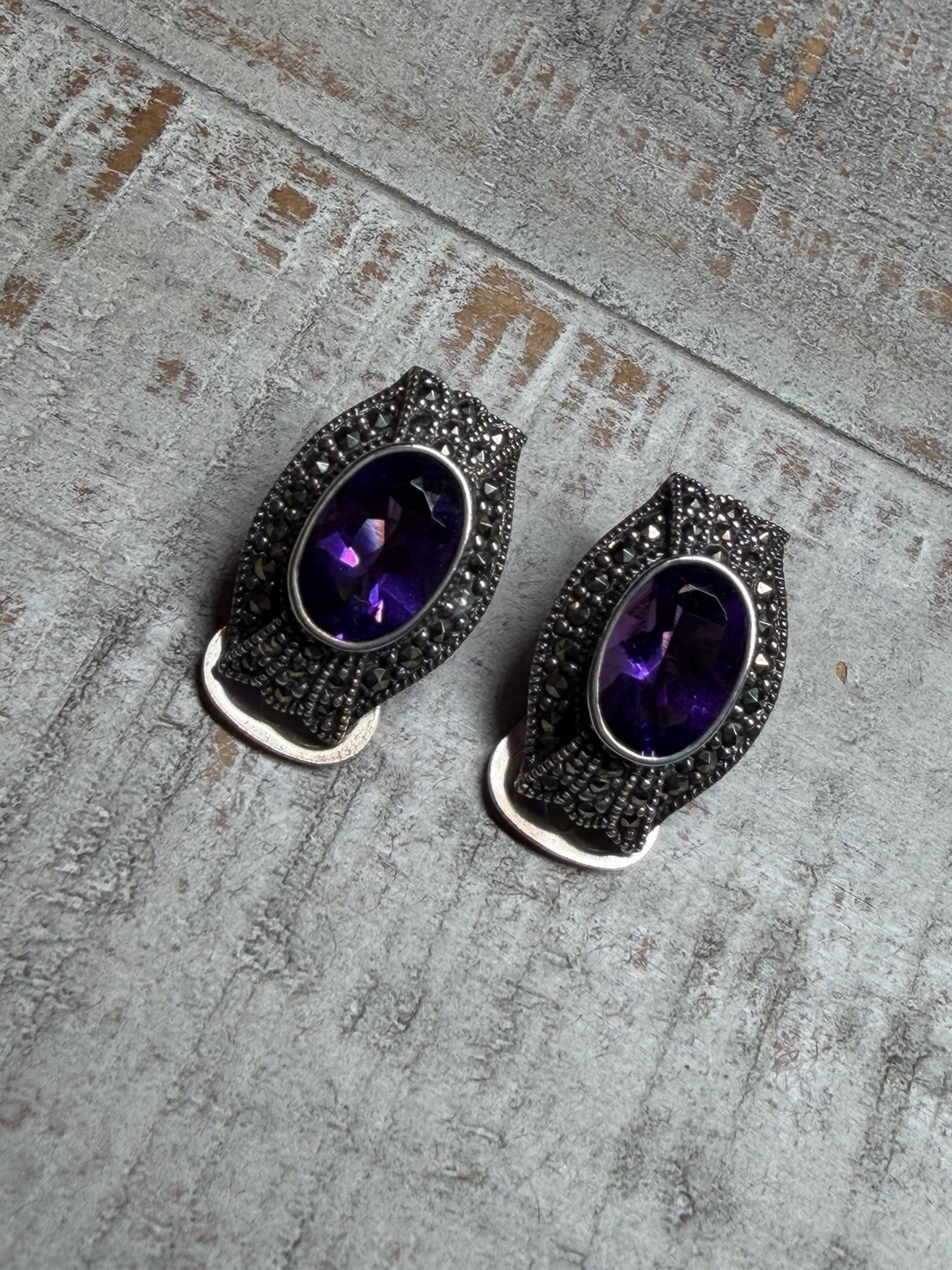 Sterling Silver Amethyst And Marcasites Clip On Vintage Earrings