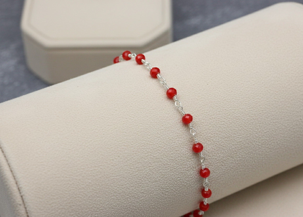 Handmade Silver Tone Minimalist Beaded Bracelet | Ruby Red Stone Brass Chain