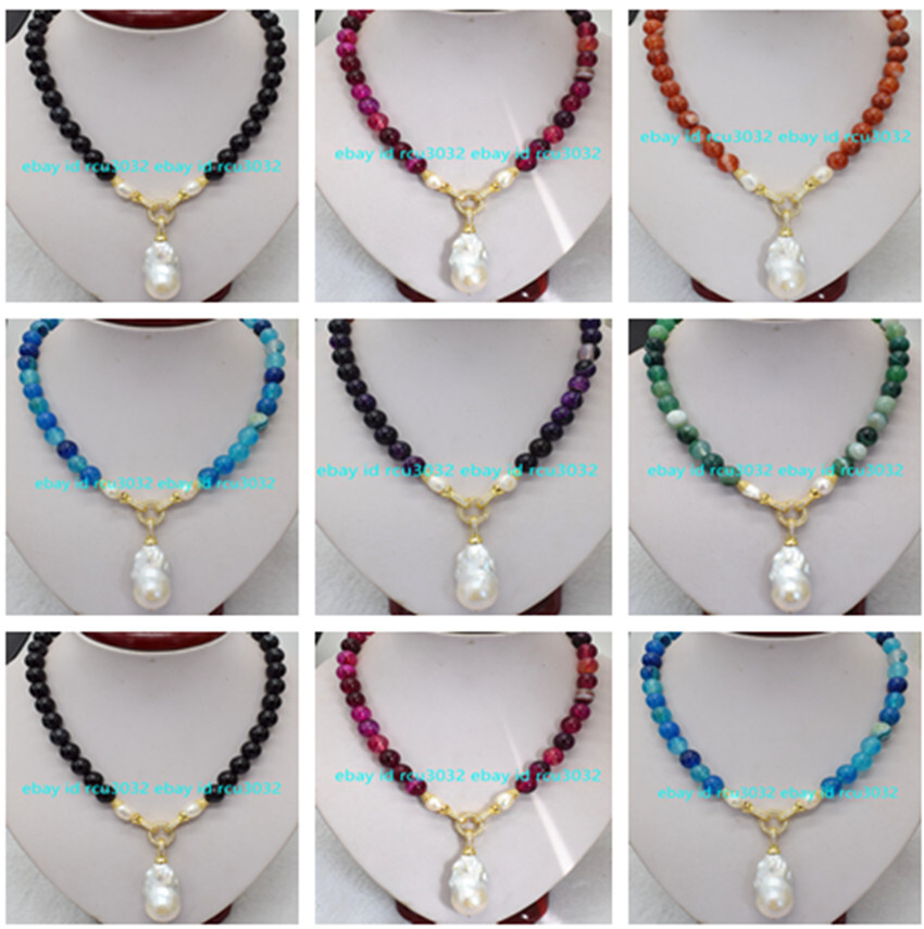 Natural Multicolor Stripe Agate Gems White Keshi Baroque Pearl Pendant Necklace