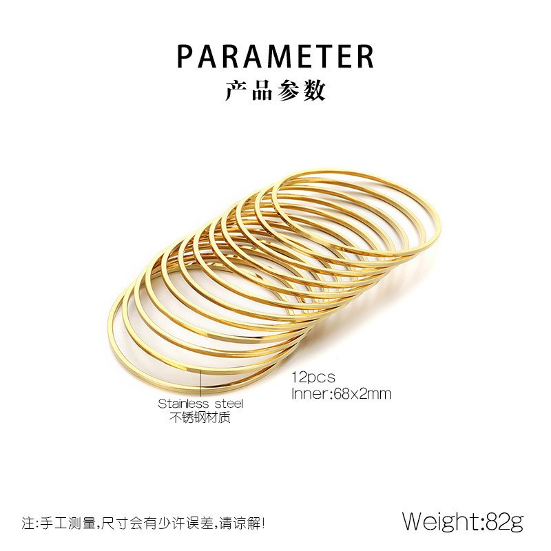 12pcs Set Bangles for Women Stainless Steel Glossy Stackable Solid Bracelet 2mm