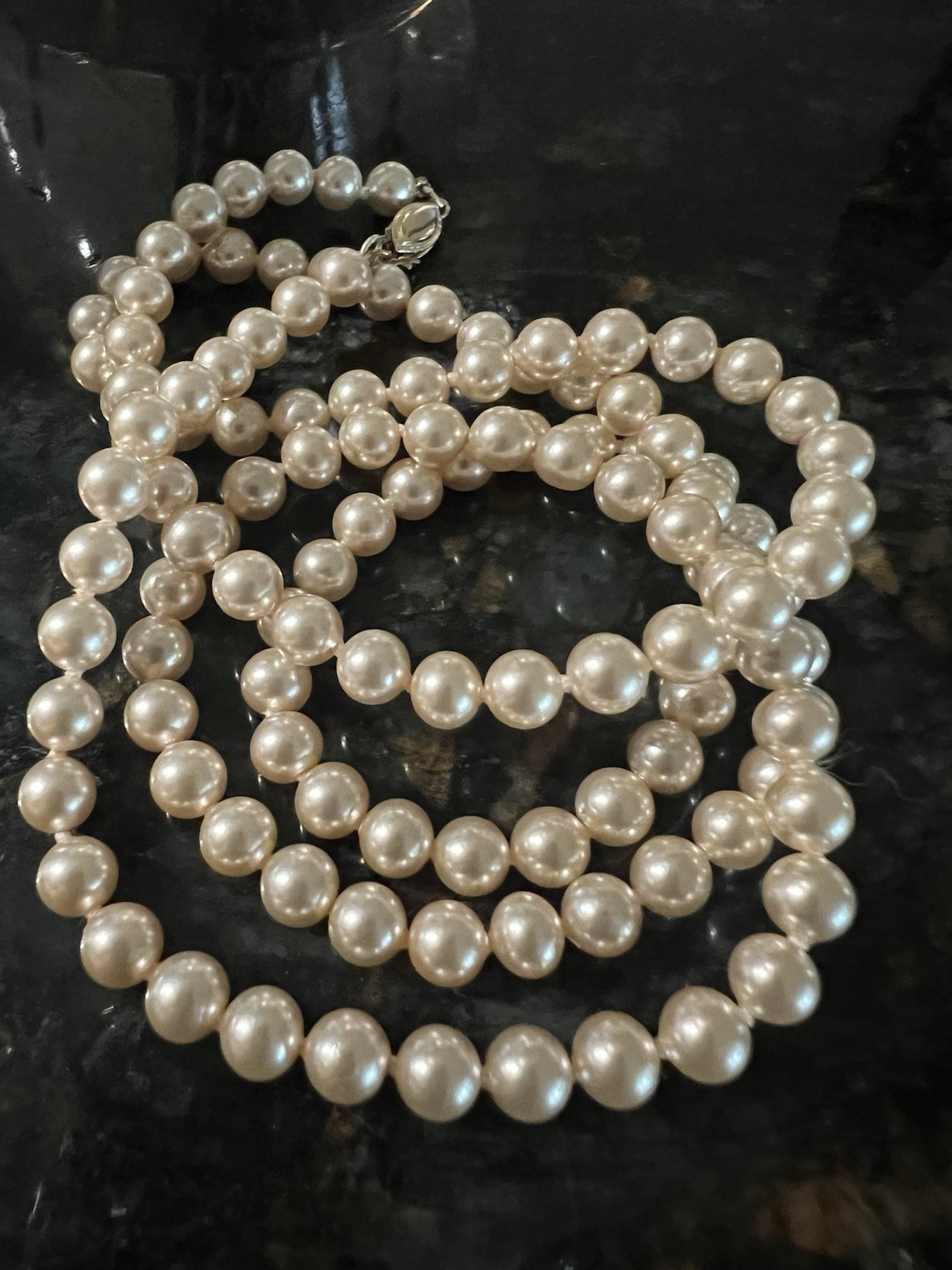 VINTAGE MAJORCA PEARL NECKLACE 14K G.F. CLASP 30 IN. 5MM PEARLS FROM SPAIN NOS.