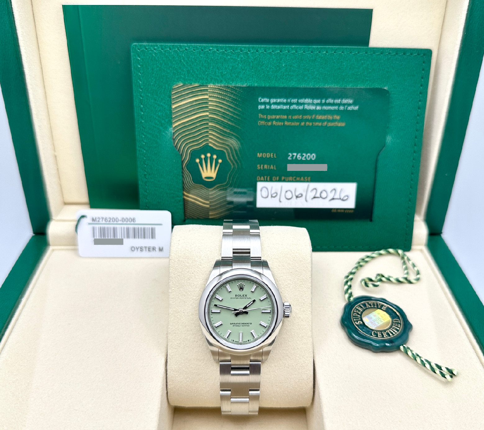 Brand New Rolex Ladies Oyster Perpetual 28 276200 PISTACHIO Dial Steel Full Set