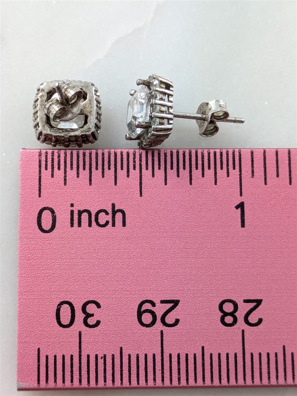 Vintage Solid Sterling Silver Sparkling Gemstone Square Stud Earrings 2.4 Grams