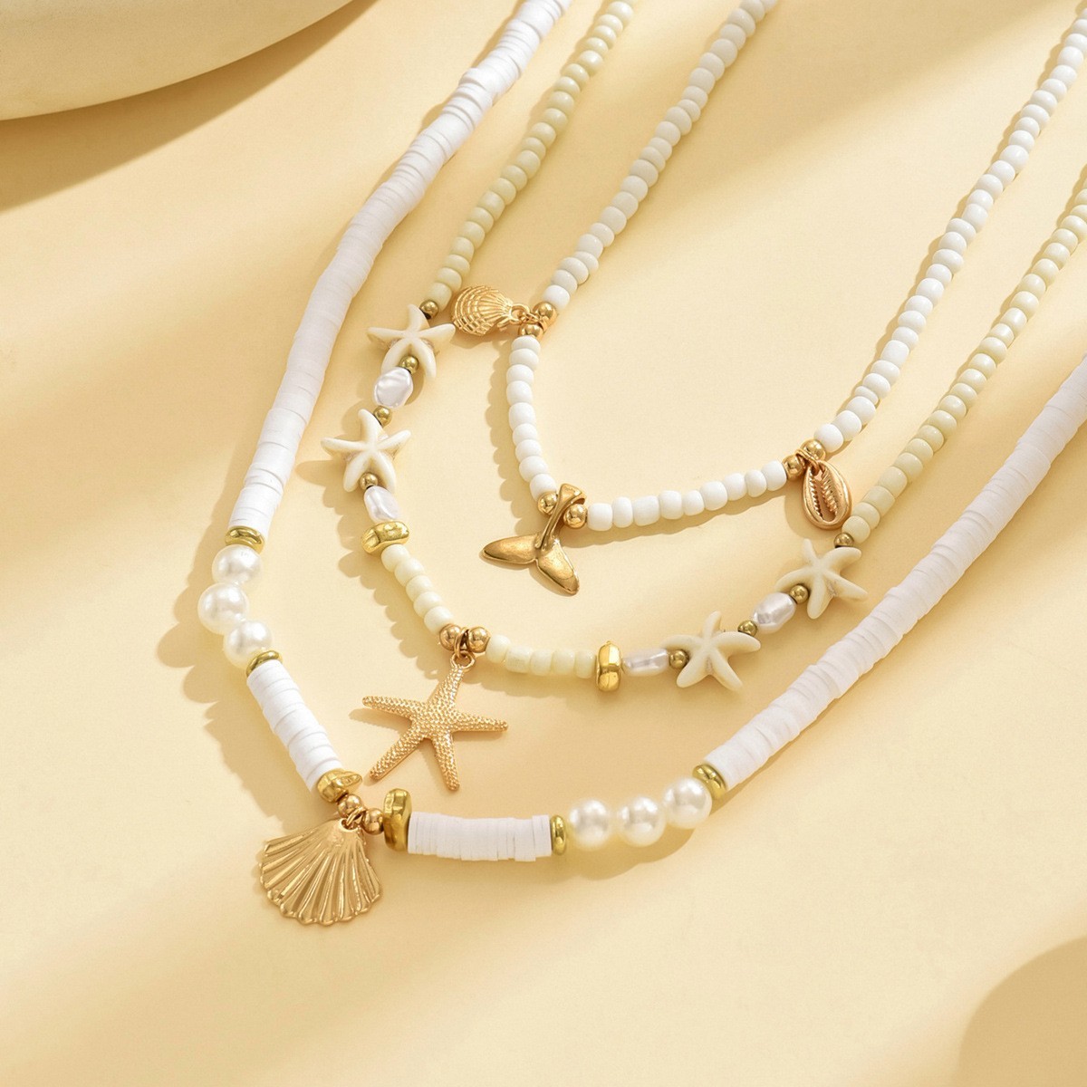 Women’s Vintage Soft Ceramic Beaded Ocean-Themed Pendant Stackable Necklace