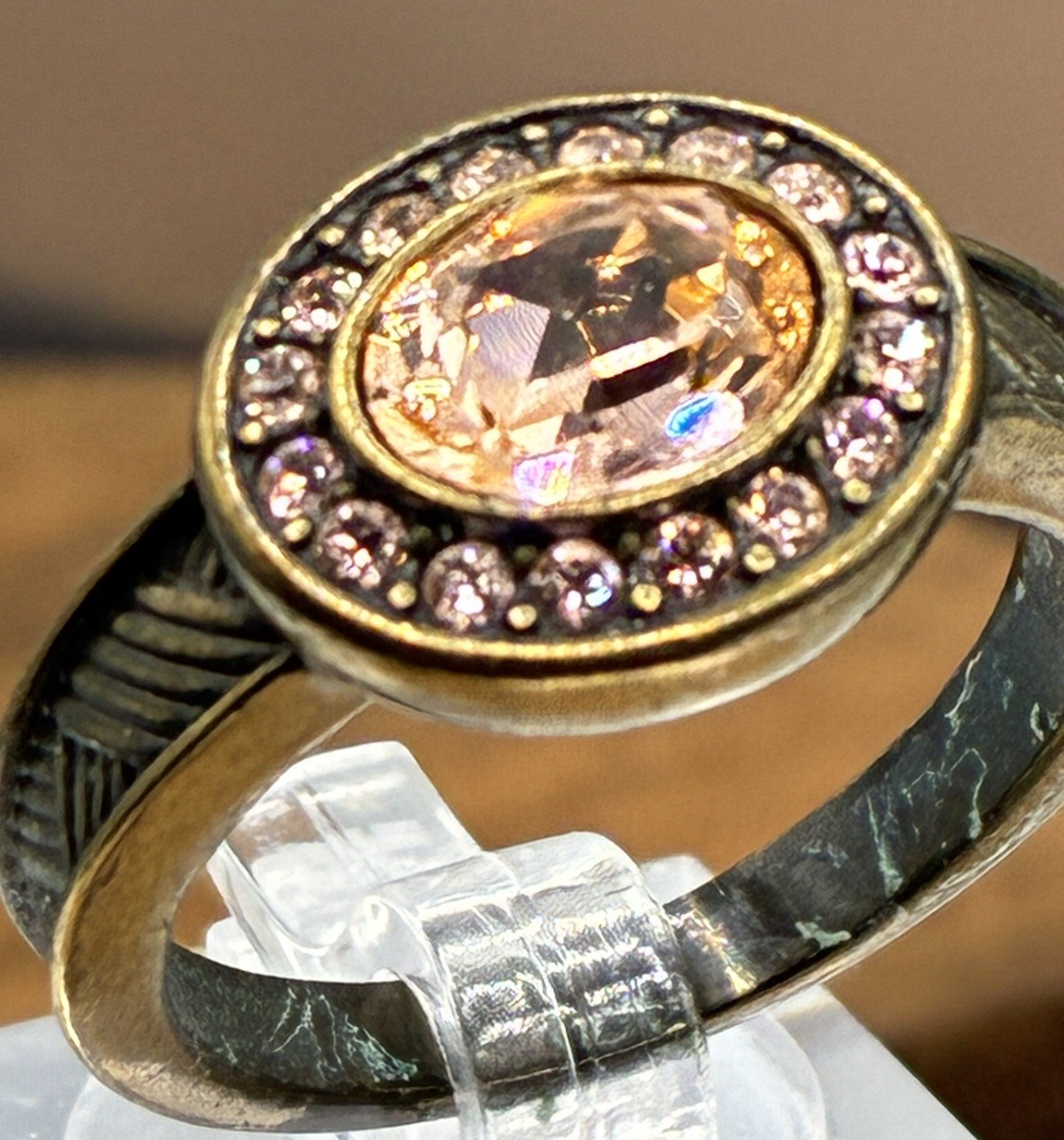 Touchstone Peach Crystal Halo Ring in Brown Rhodium Size 8.25