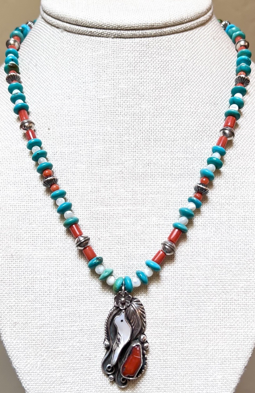 LOVELY Native, Navajo Signed Sterling Silver Turquoise, Coral, Etc Bird Necklace