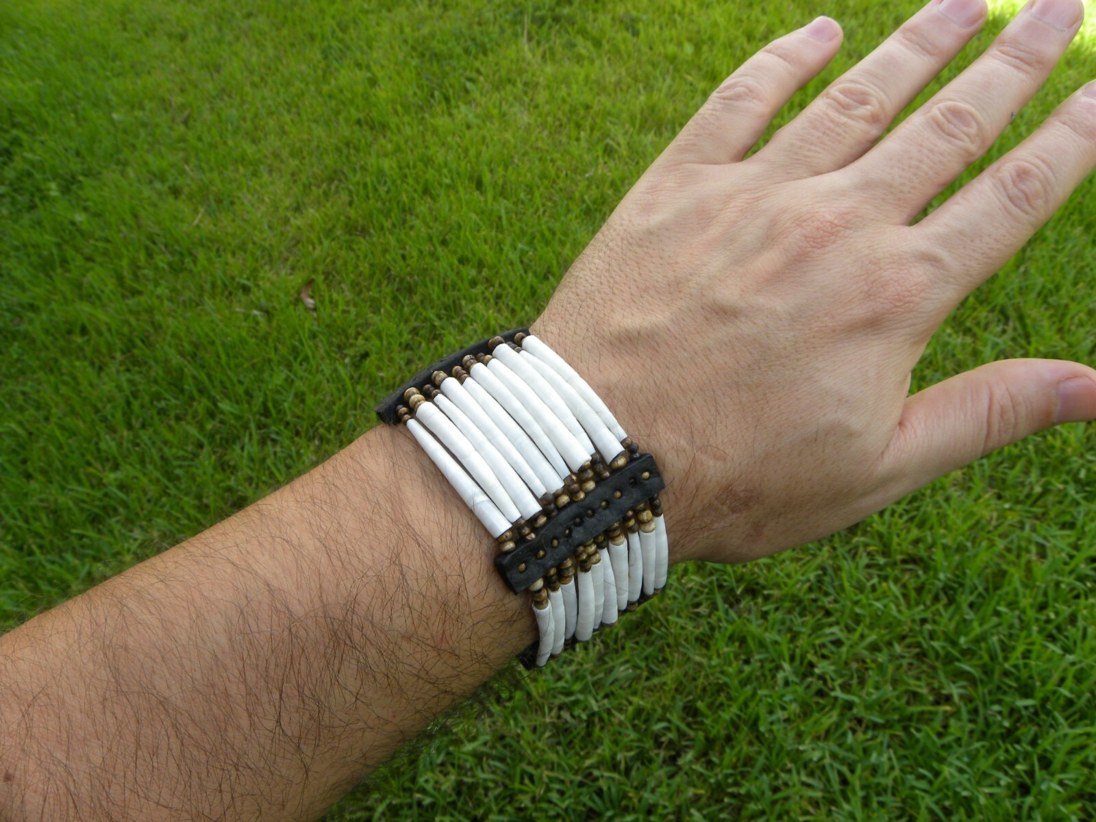 Cuff bracelet good luck dentalium shells Bison leather bone cool Shaman style