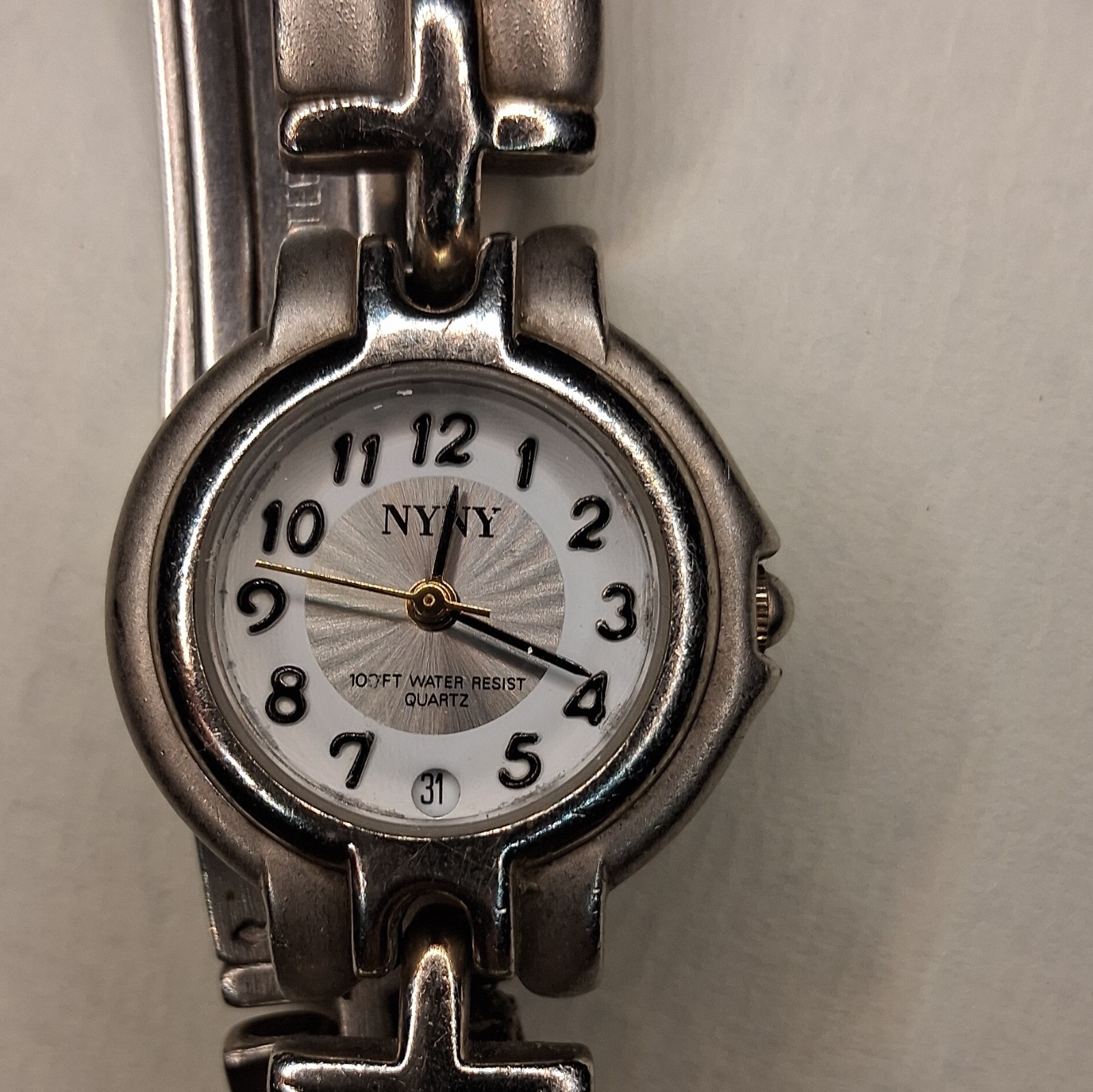 NYNY Women’s Quartz Analog Watch Silver Stainless Bracelet 100ft Date Arabic