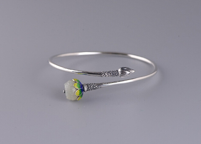 I05 Bangle Silver 925 Lotus Flower Bud White Jade Cloisonne Multicolor