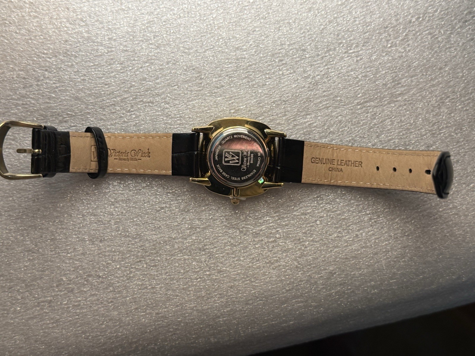 New Victoria Wieck Watch Womens Black Crystal Gold Trim Black Leather See Desc.