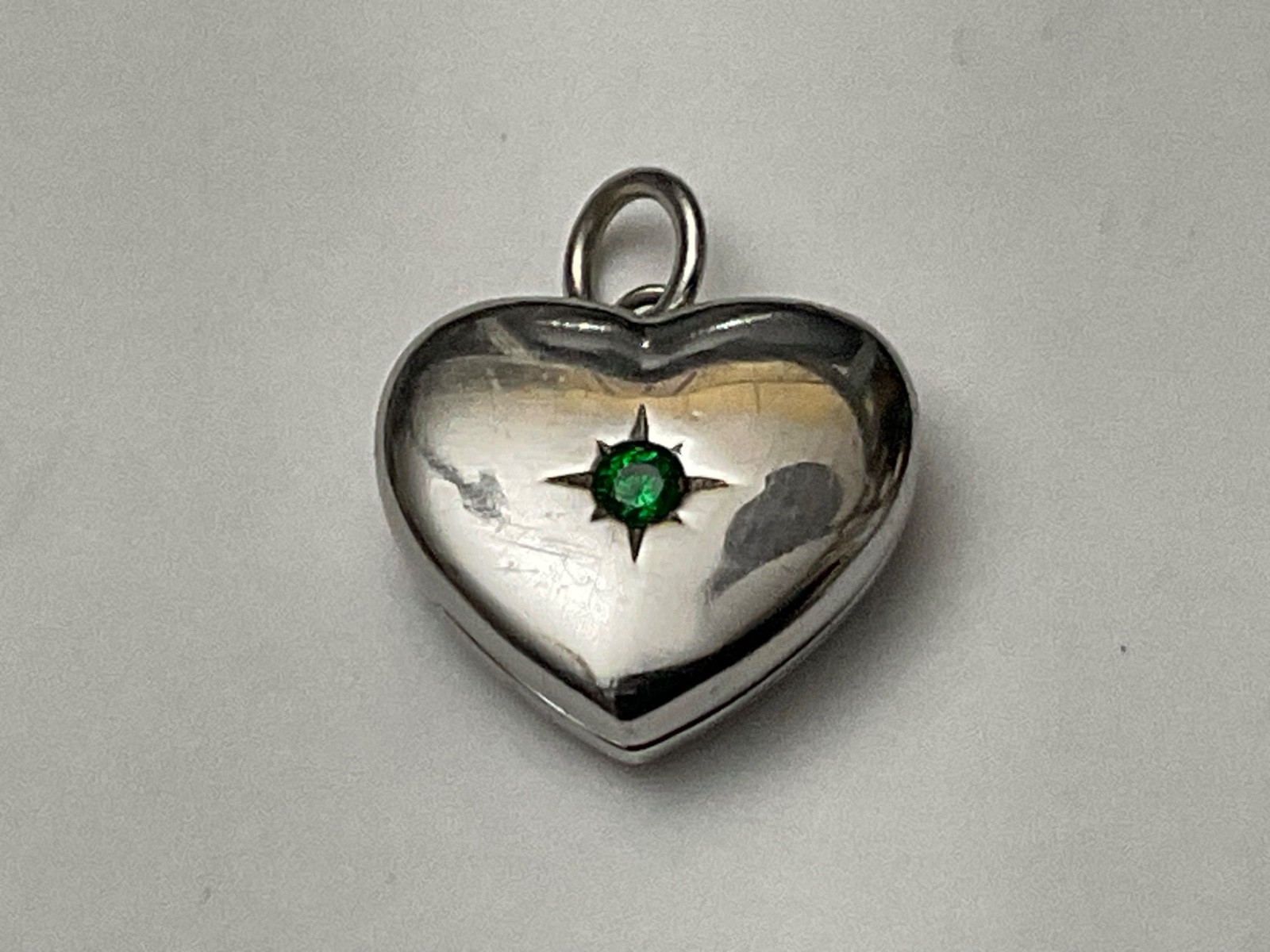 Sterling Heart Locket Pendant Signed YL 925 Rev. Emerald Gemstone