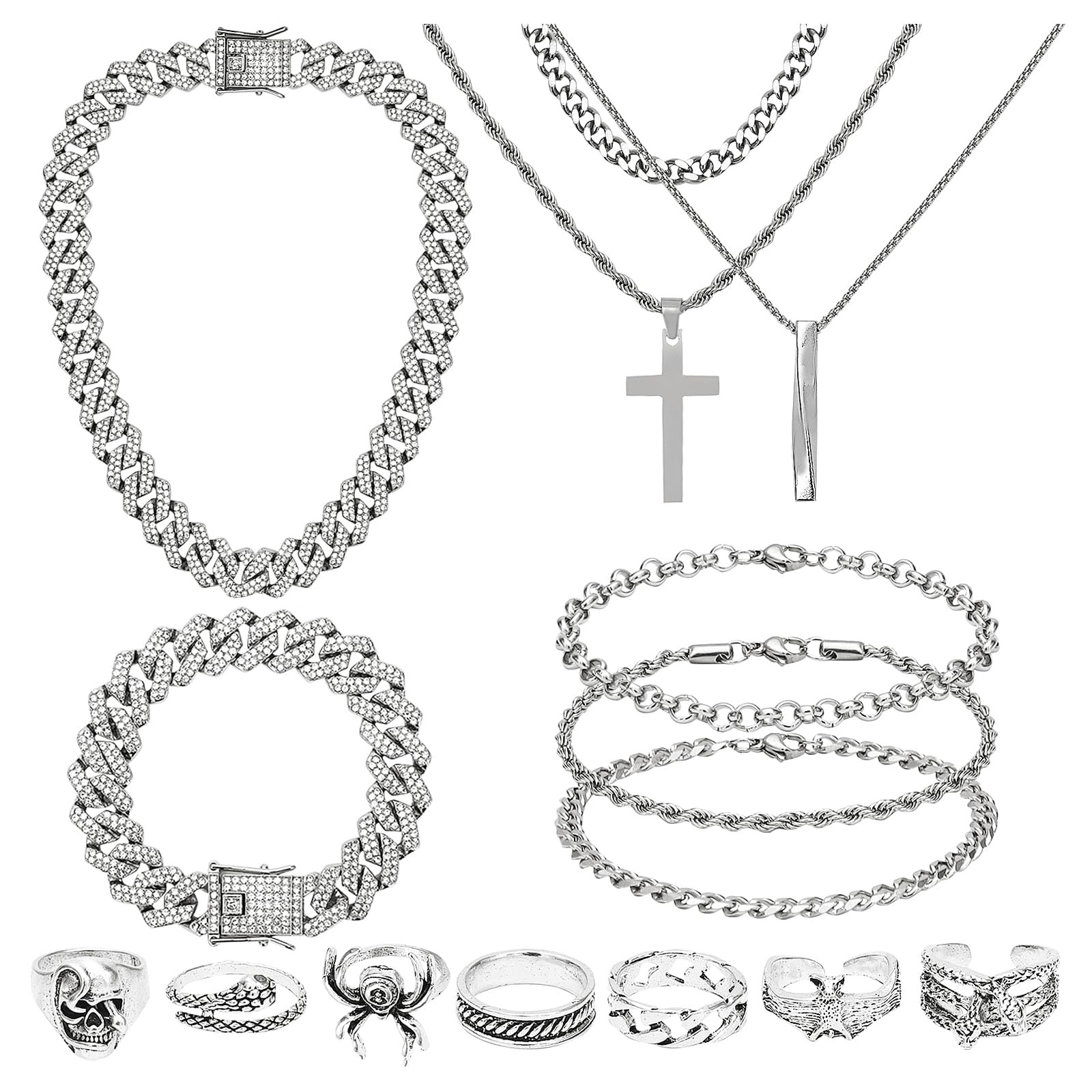 NEWITIN 15 Pieces Silver Jewelry Set for Men Adjustable,