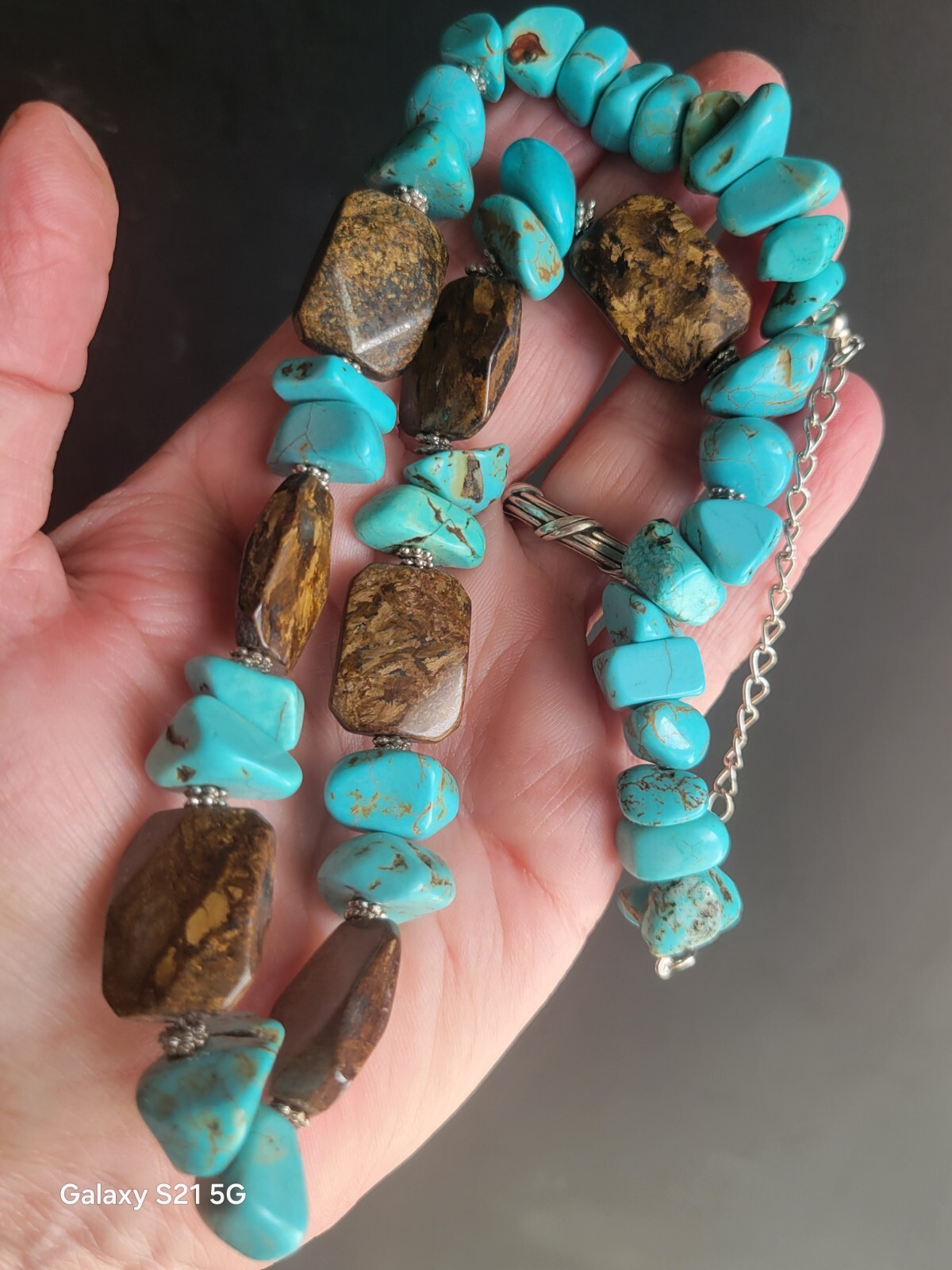 Turquoise-Bronzite Necklace 20″ Long Boho Chic Artisan Made Adjustable OOAK
