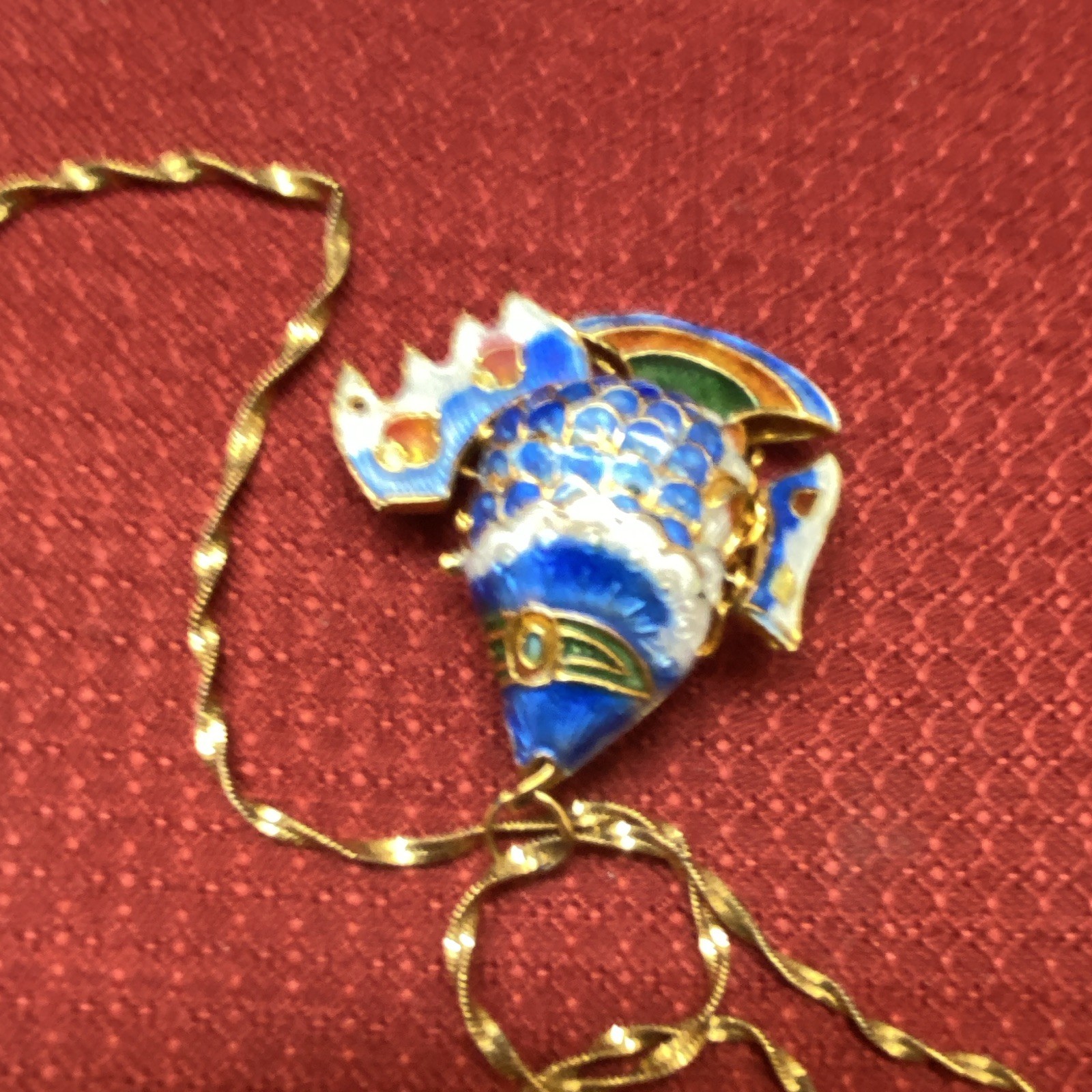 VTG Chinese Cloisonné Articulated Fish Pendant 25.5” Chain Reversible Blue