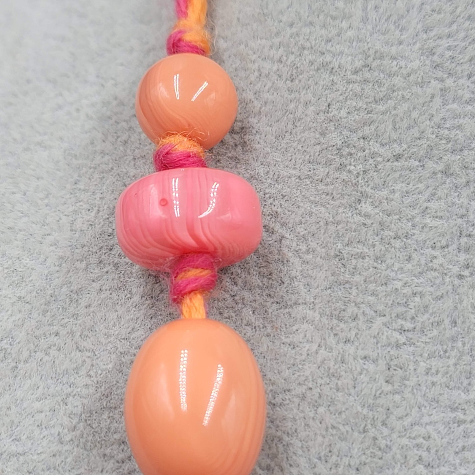 Artisan Peach Pink Cane Glass Bead Necklace Hand Knotted Yarn Cord 24 in