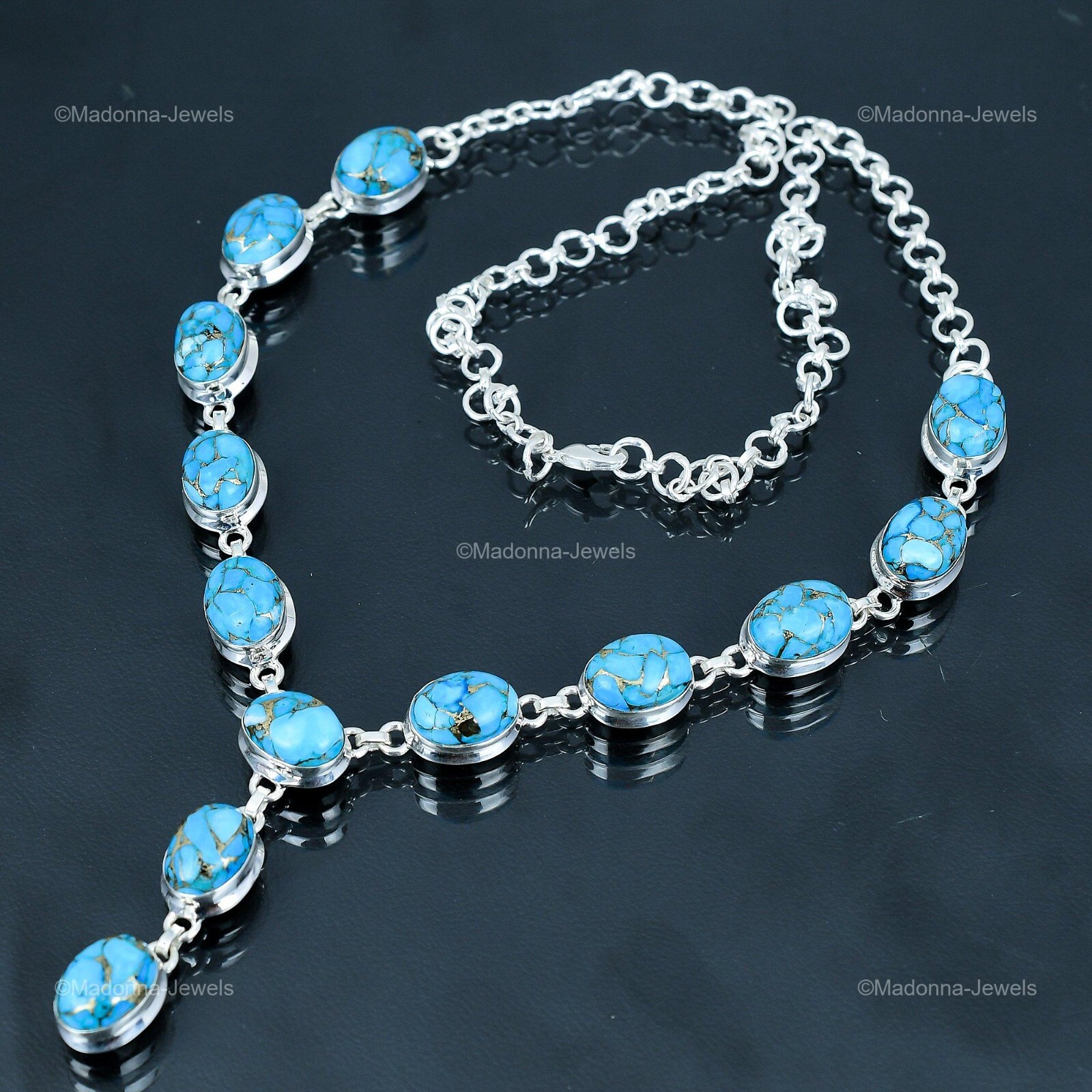 Sterling Silver Copper Blue Turquoise Stone Chain Throat Chakra Necklace Jewelry