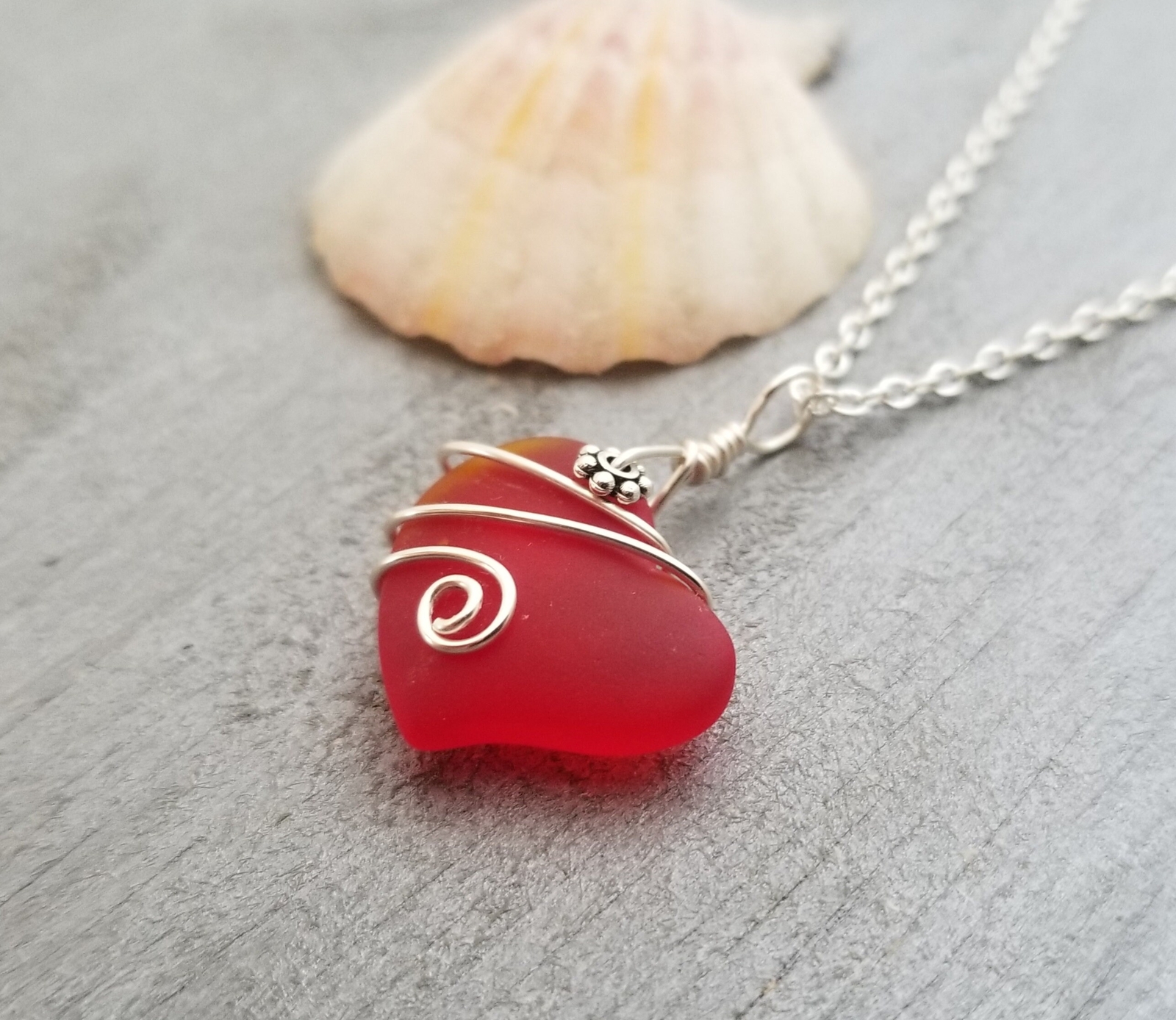 Hawaiian Jewelry Sea Glass Necklace, Wire Ruby Red Necklace Heart Necklace, Sea