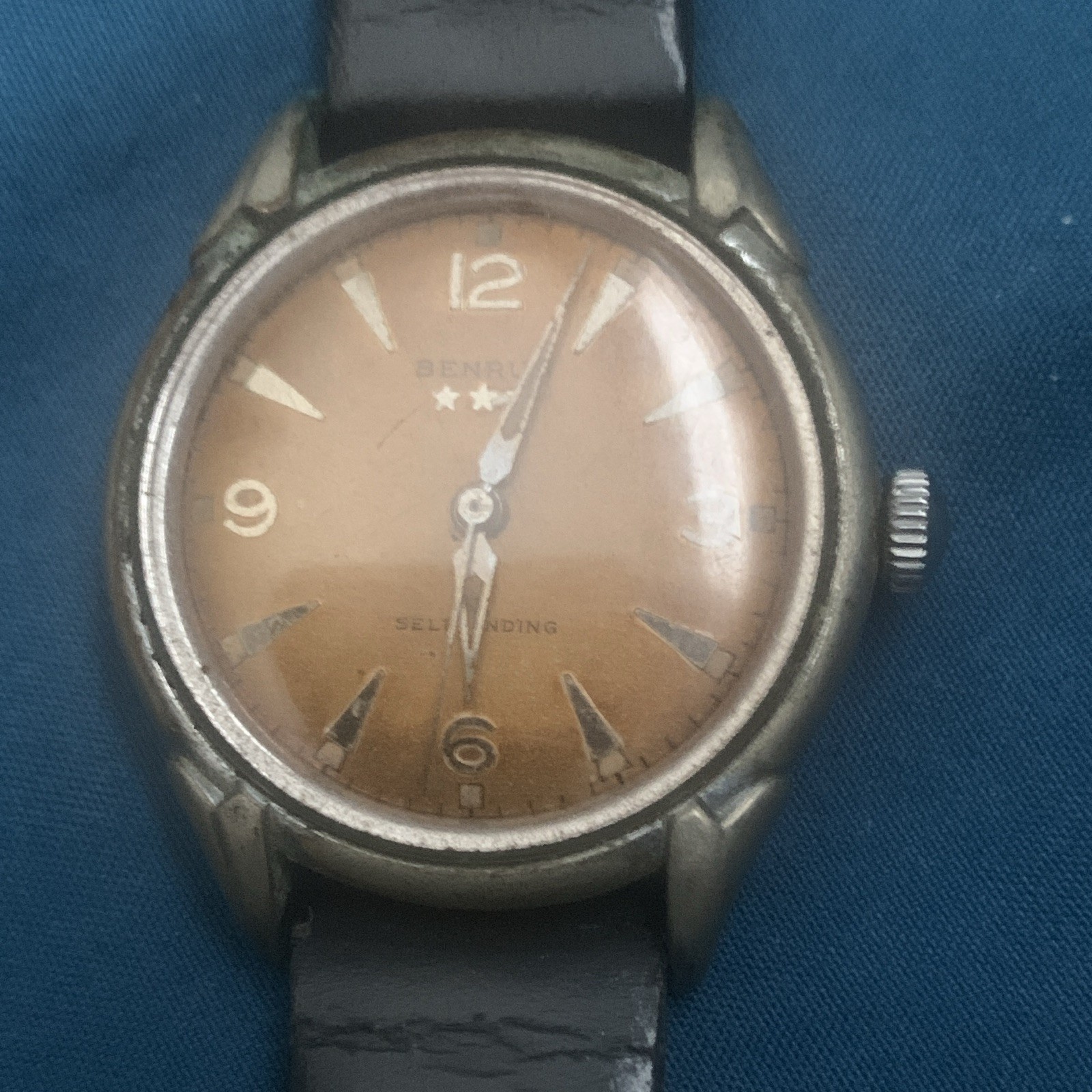 Benrus Self-Winding Men’s Automatic Watch Brown Dial Black Leather Strap