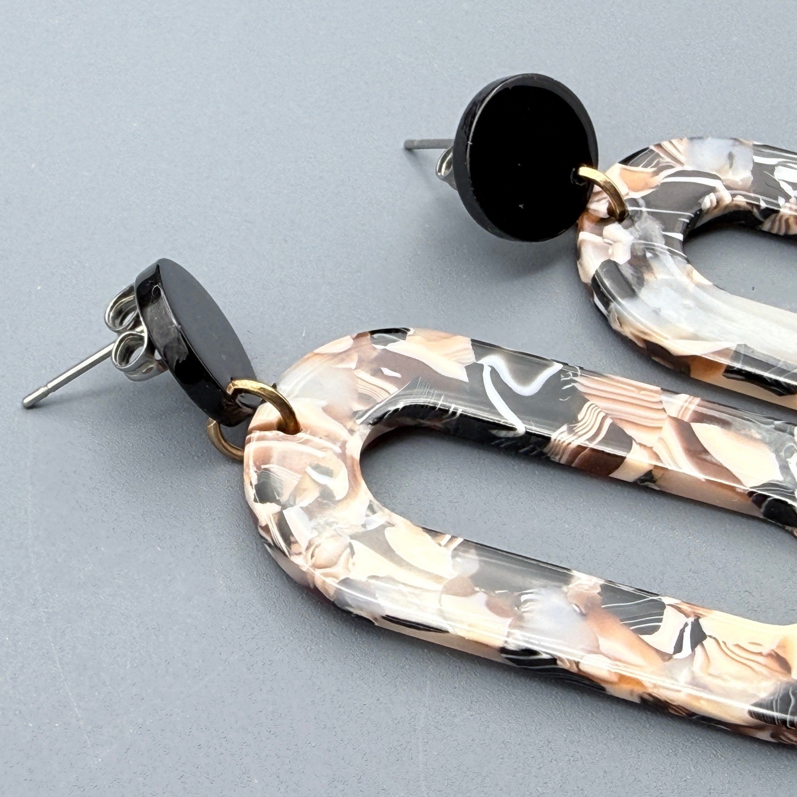 Acrylic Marble Earrings Lightweight Neutral Brown Black White Acetate Oval Drops