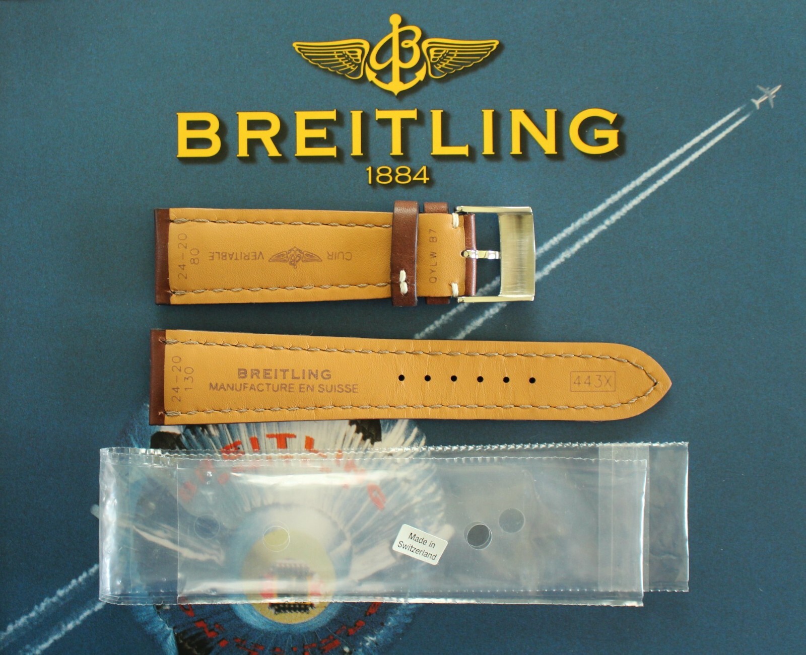 BREITLING 443X 24-20 BROWN DELUXE CALF TONGUE BUCKLE WATCH BAND WATCHBAND STRAP