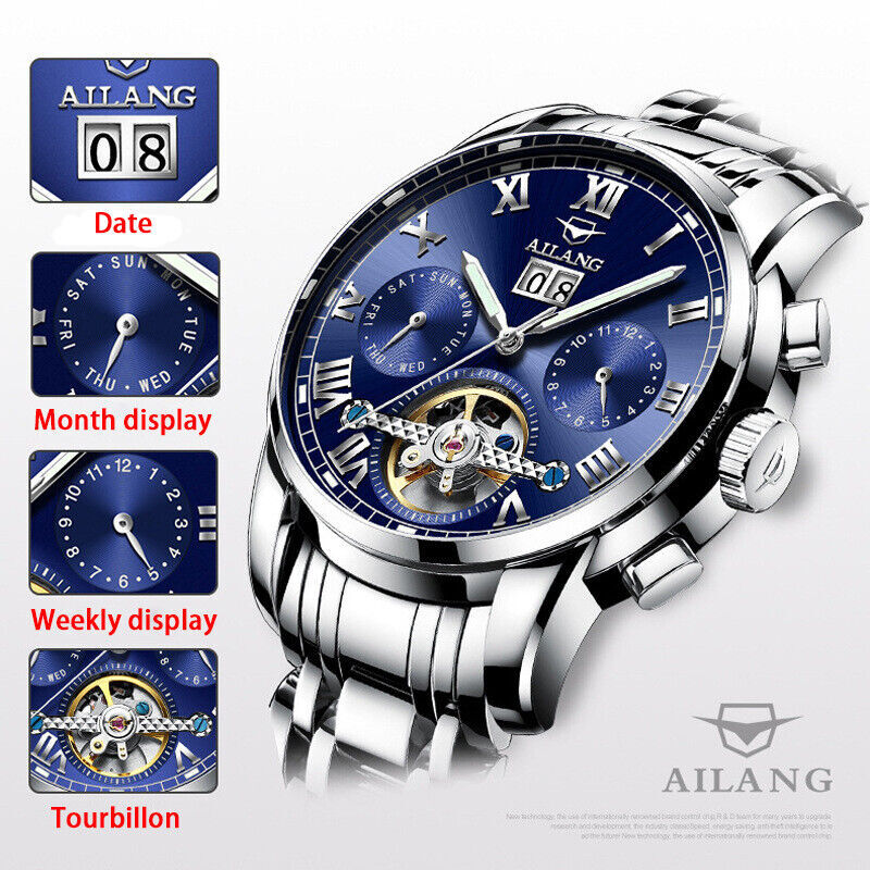 AILANG Men Watch Calendar Tourbillon Steel Waterproof Mechanical Wristwatch