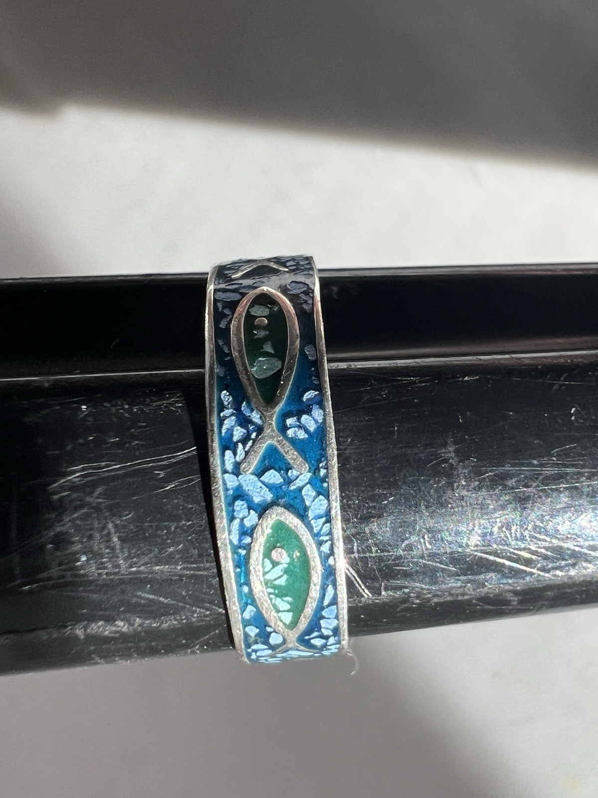 Vintage Antique Solid 14k Gold 585 Stamp Enamel Fish Figure Blue Ring Size 6.75