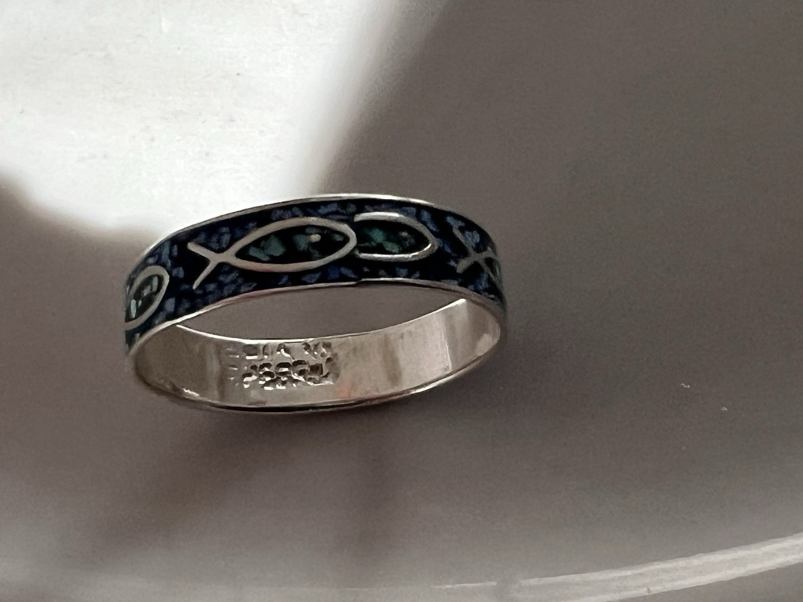 Vintage Antique Solid 14k Gold 585 Stamp Enamel Fish Figure Blue Ring Size 6.75