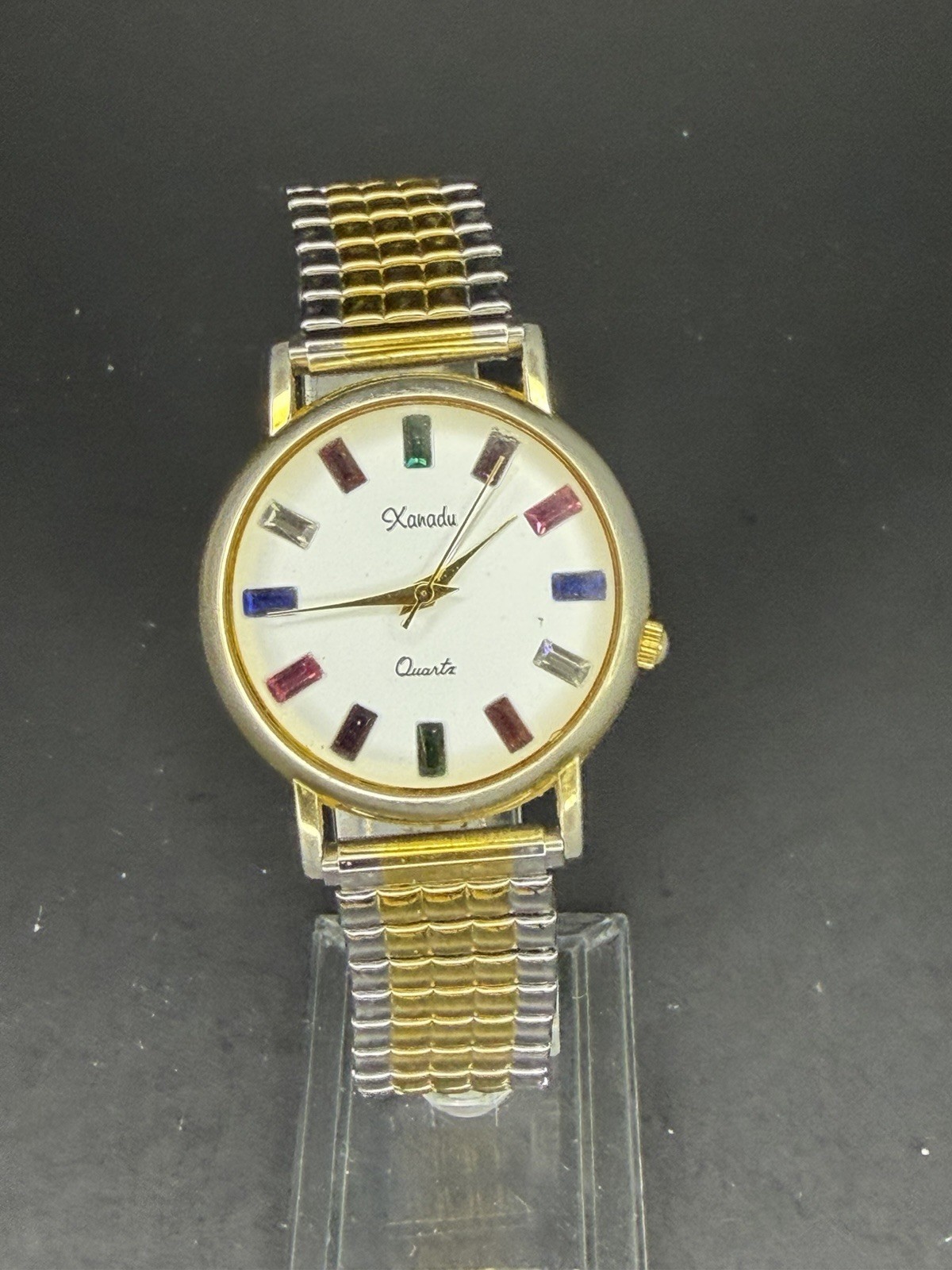 Xanadu Womens 34mm Gold Case NEW BATTERY White Rainbow Indices Expansion 753