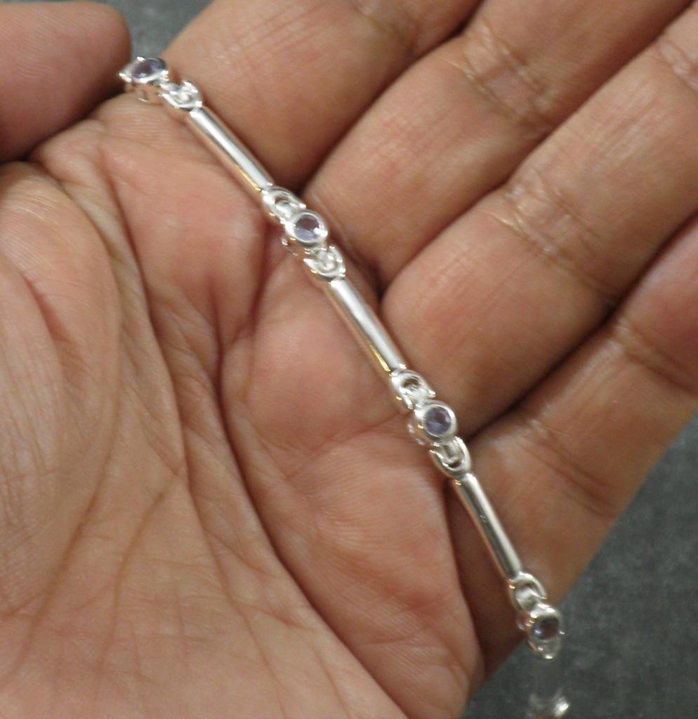 .925 Sterling Silver Round Faceted Iolite Bracelet Modern Style Hinged Bar 7.25″