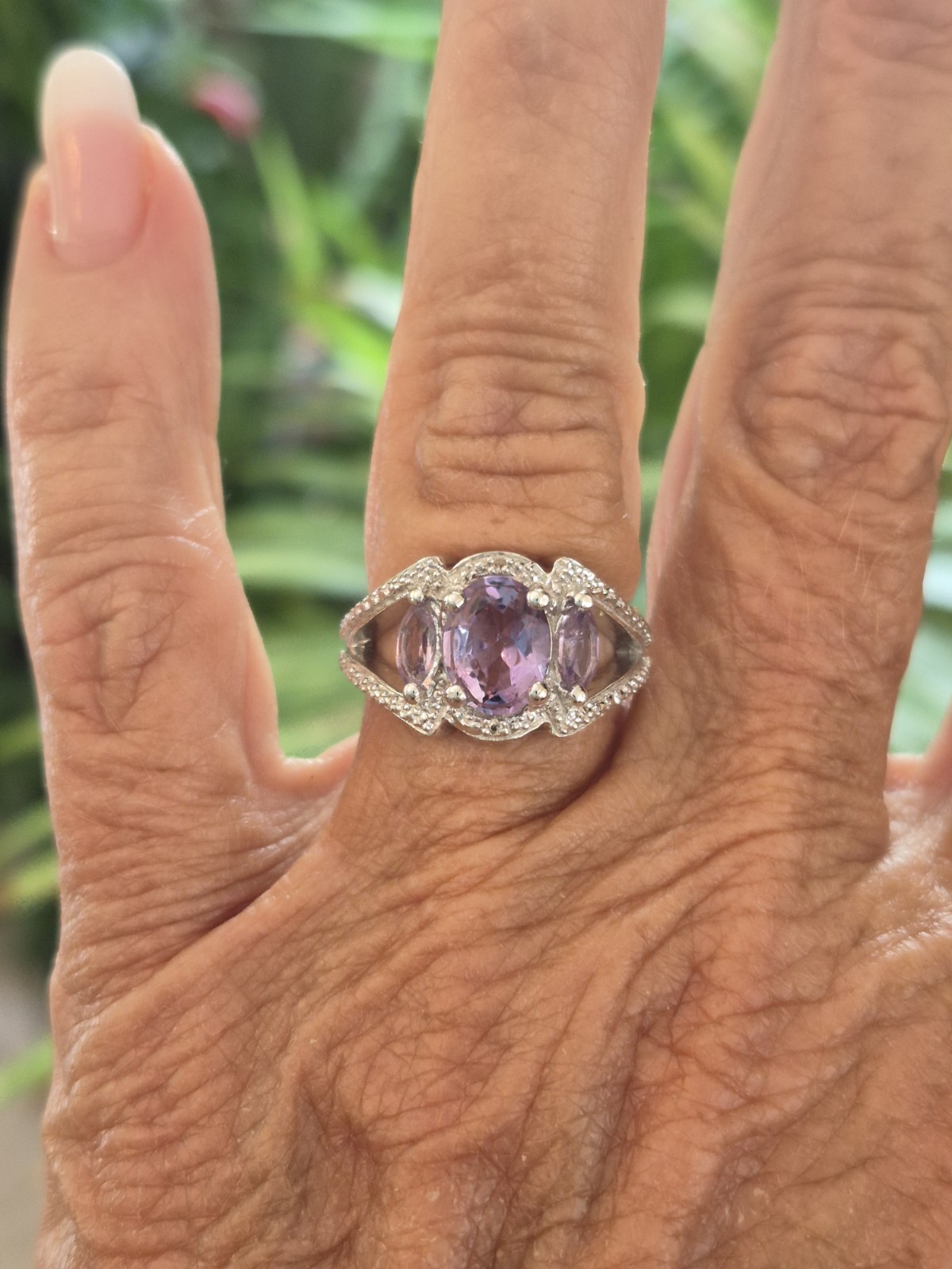 .925 Sterling Silver and 3 Stone Amethyst Ring sz. 6.5