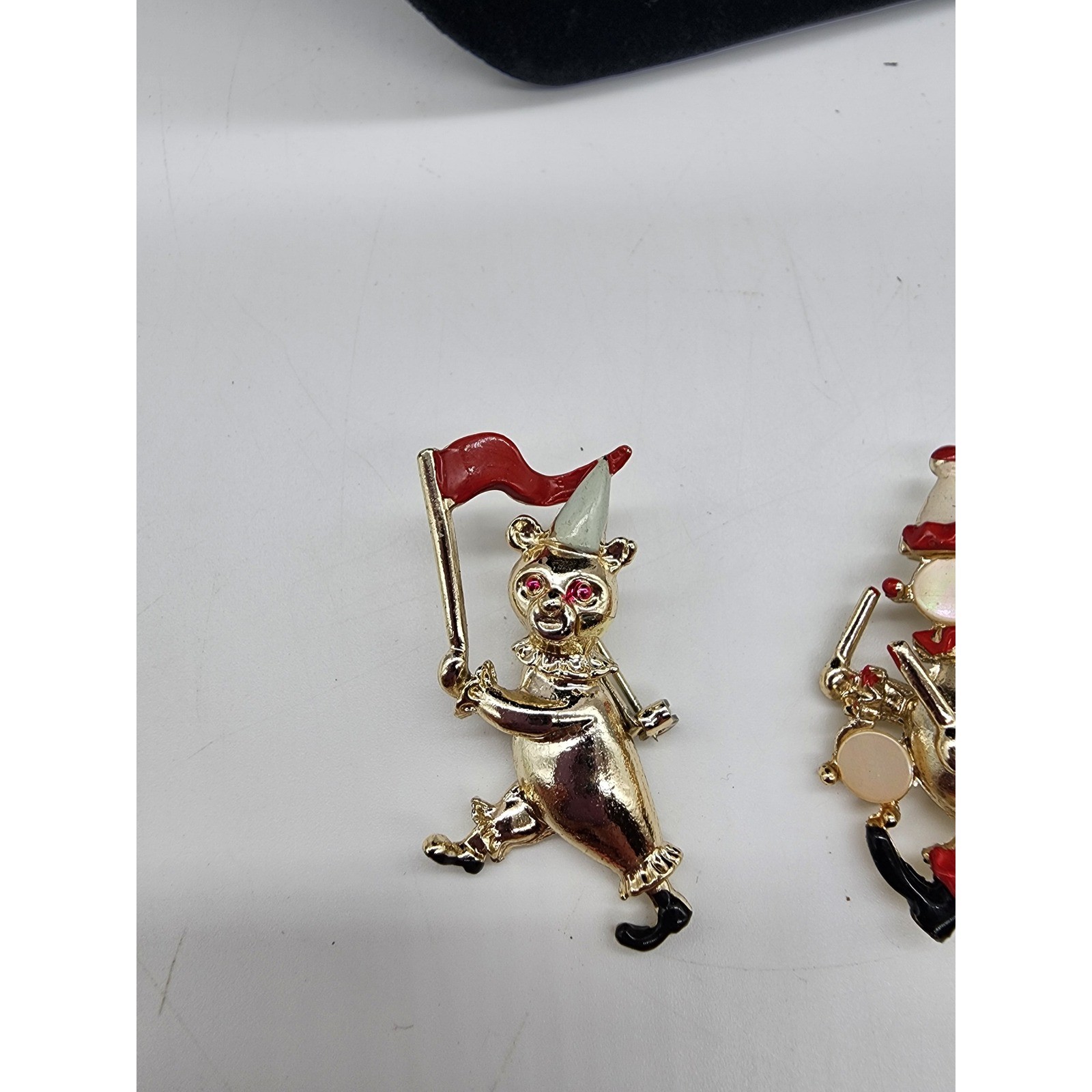 Vintage Gold Tone Circus Parade Brooch Set Bear with Flag and Musician Clown Pin