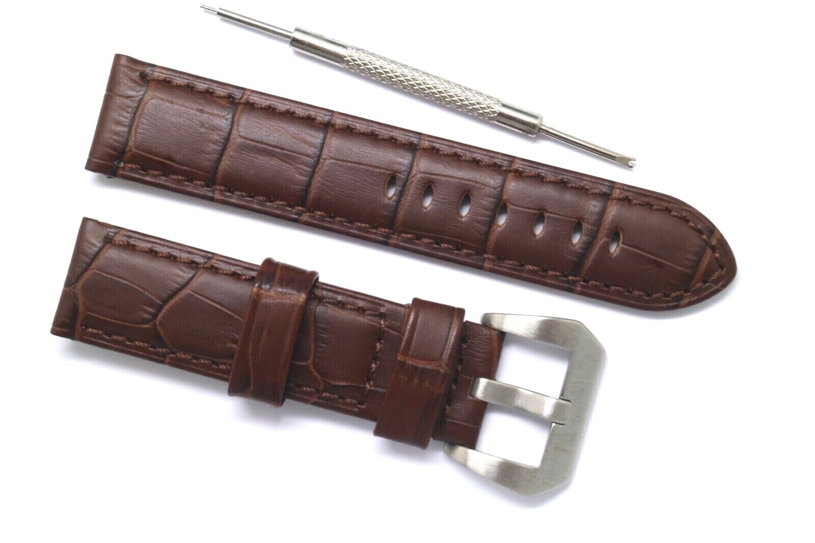 22mm 24mm Brown Croco Embossed Leather Padded Replacement Watch Band Strap
