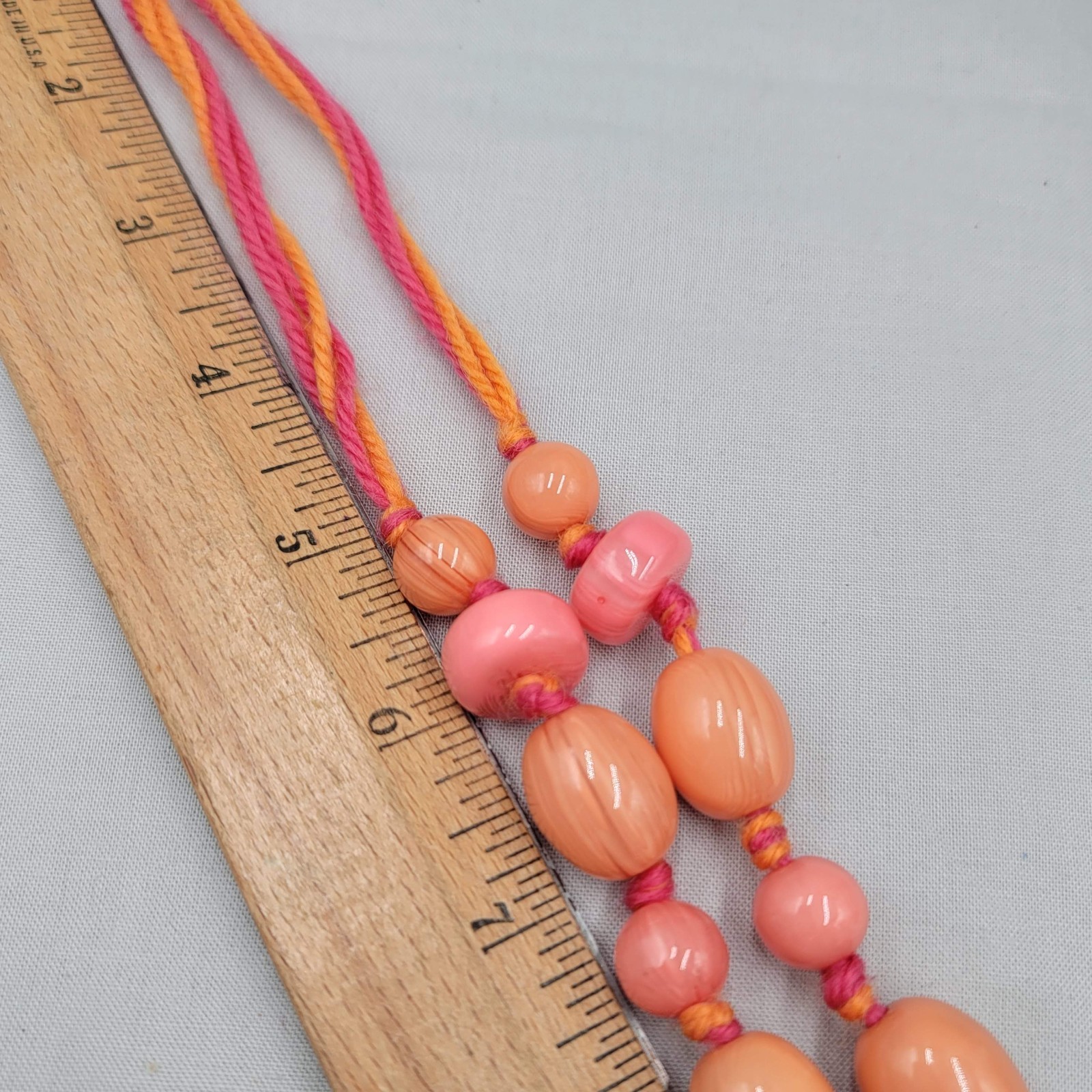 Artisan Peach Pink Cane Glass Bead Necklace Hand Knotted Yarn Cord 24 in