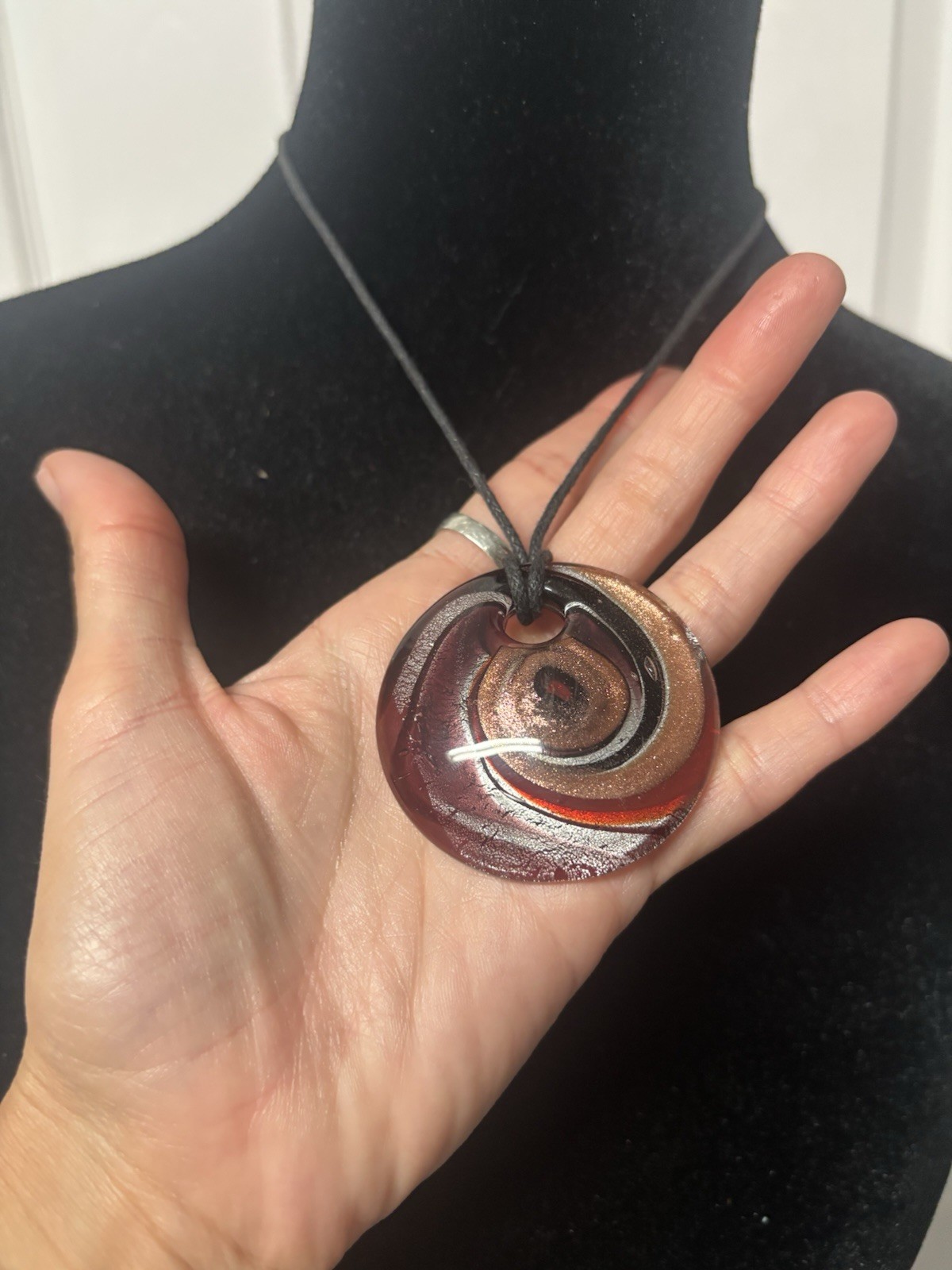 Vintage Art Glass Spiral Pendant Necklace Adjustable Cord Murano Style Statement