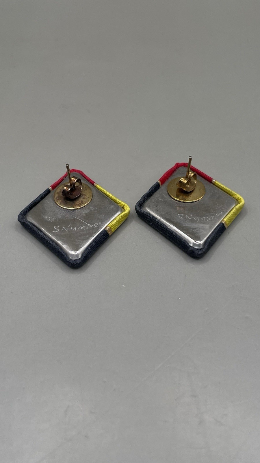 Womens Earrings Pierced Black Yellow Red Gold Tone Silk Painting Signed S Nummer