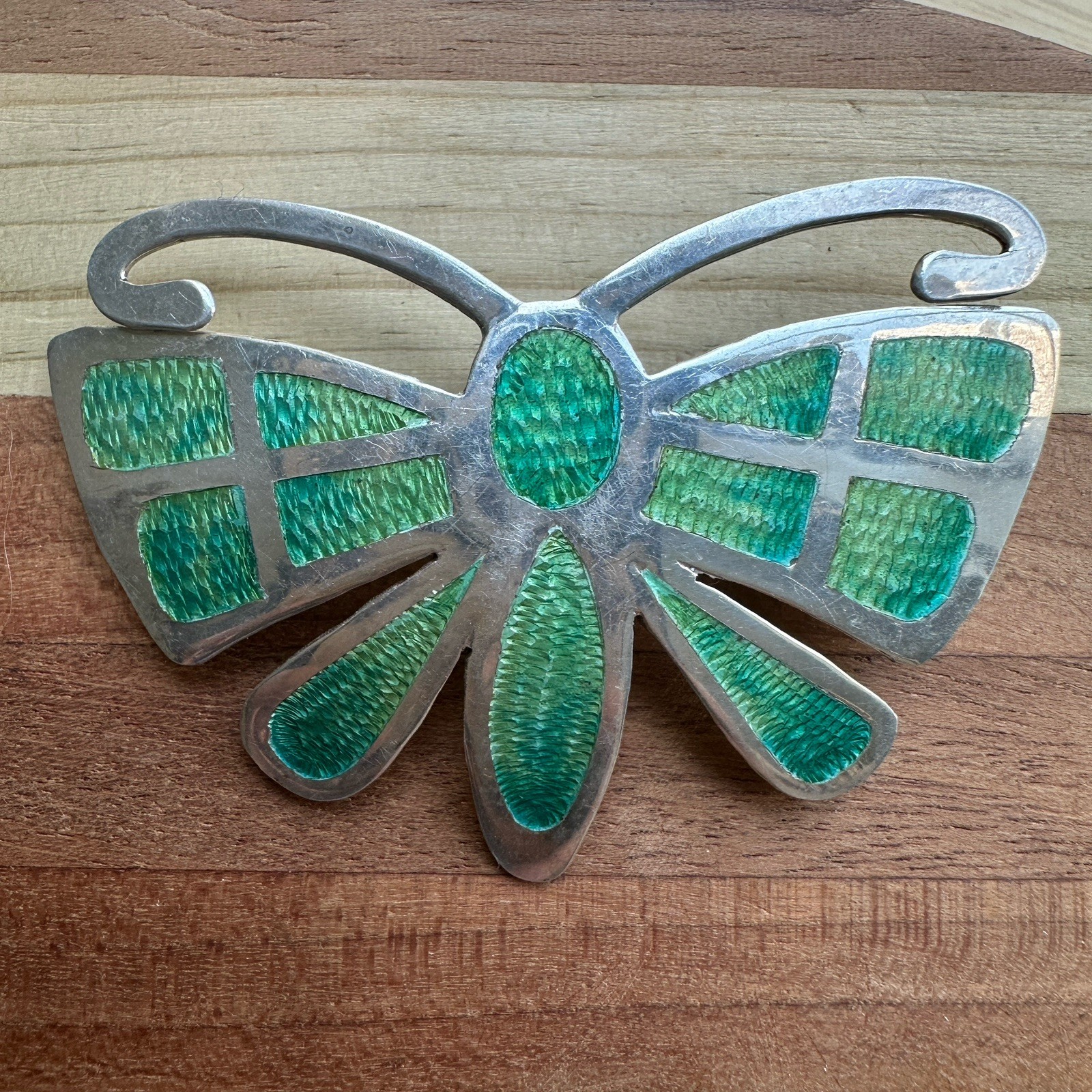 VTG Mexico Artisan Butterfly Brooch Pendant 2.4 Inch Acrylic 925 Sterling 13.9g