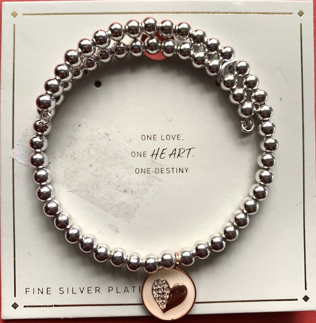 Fine Silver Plated Bead Bracelet Expands Rose Gold Charm “One Love One Heart..”
