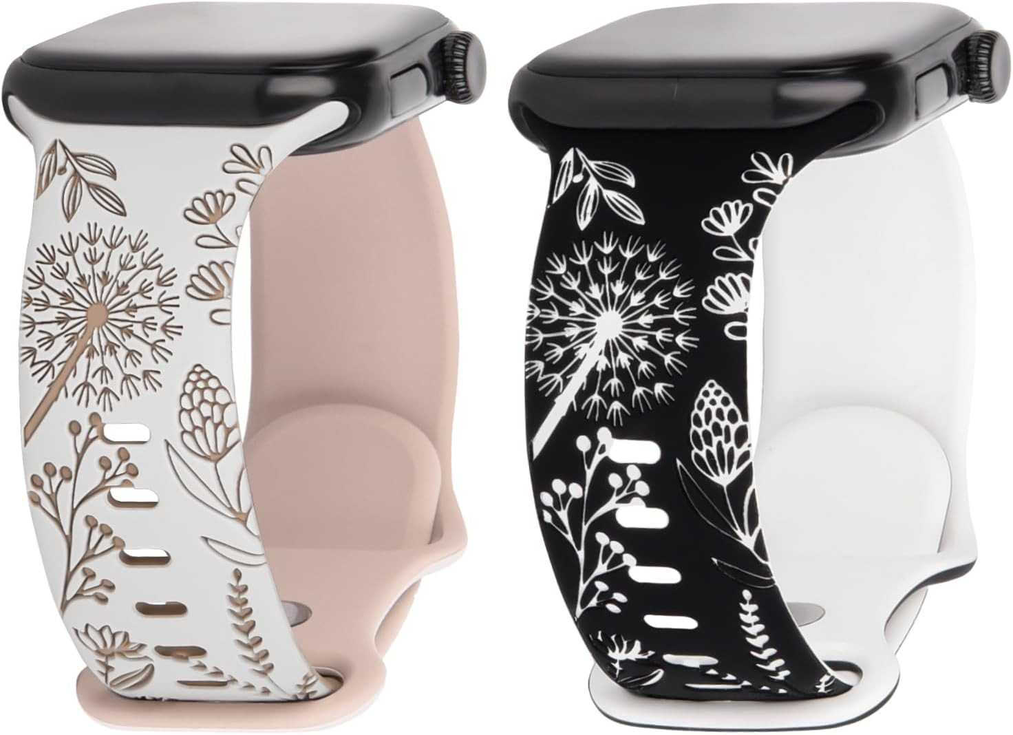 Floral Engraved Watch Bands 2 Packs, Soft Silicone Bands for Women Apple Watch B