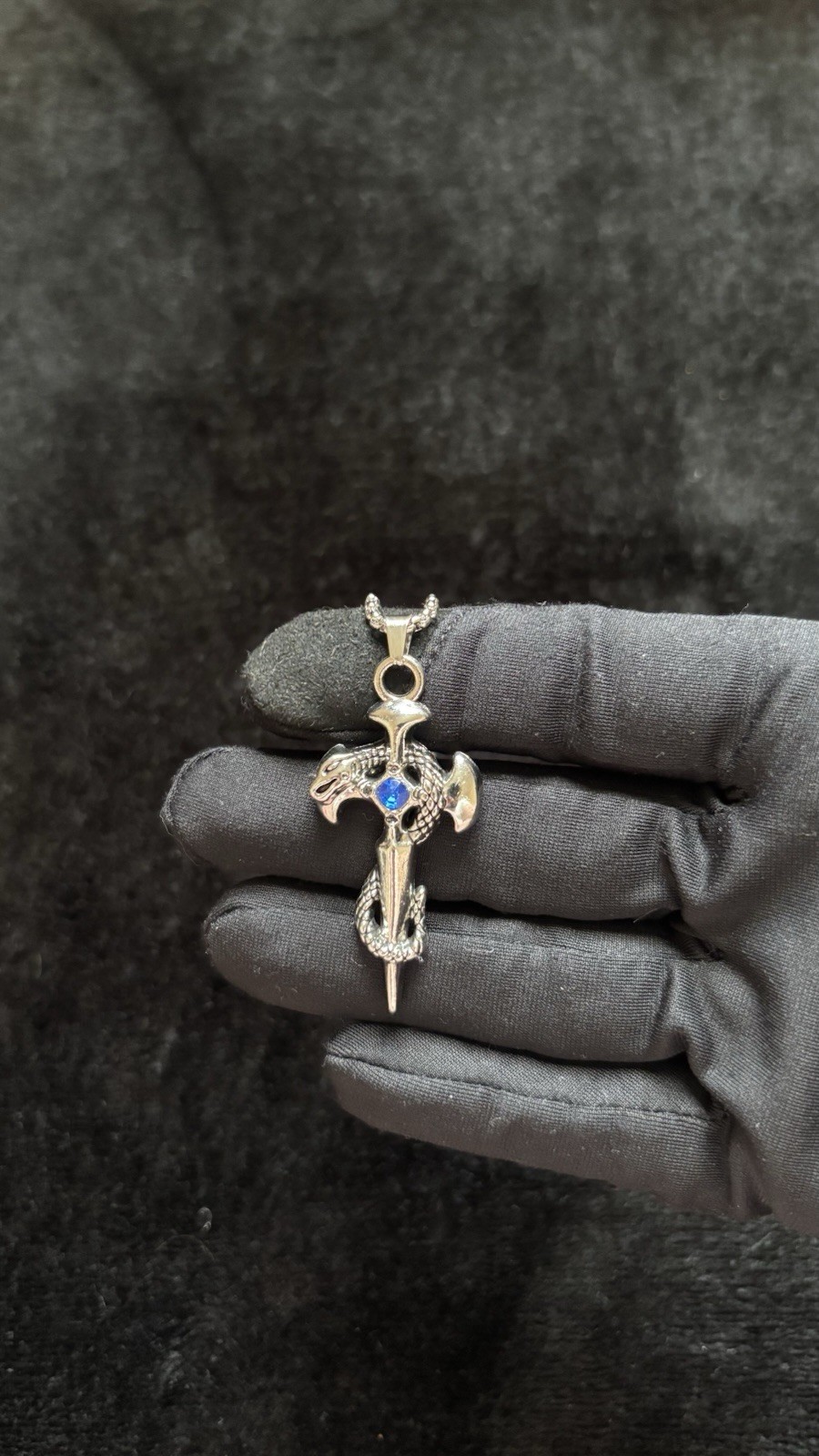 Cross Charm Pendant Silver Tone Metal Blue Round Crystal Stones Gothic Religious