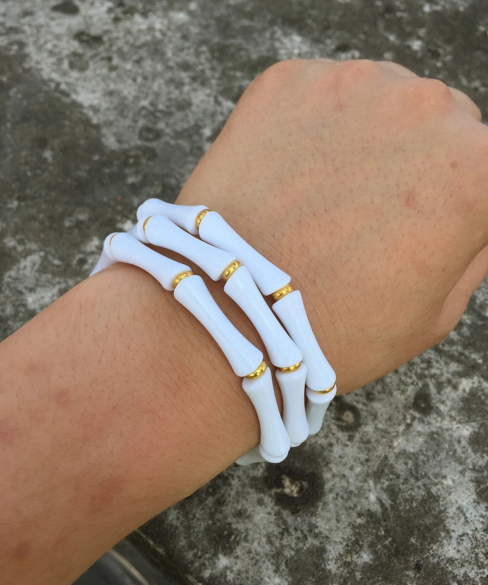 3 pc Leopard Acrylic Bamboo Beaded Bracelet Women Retro Thin Tube Stack Jewelry