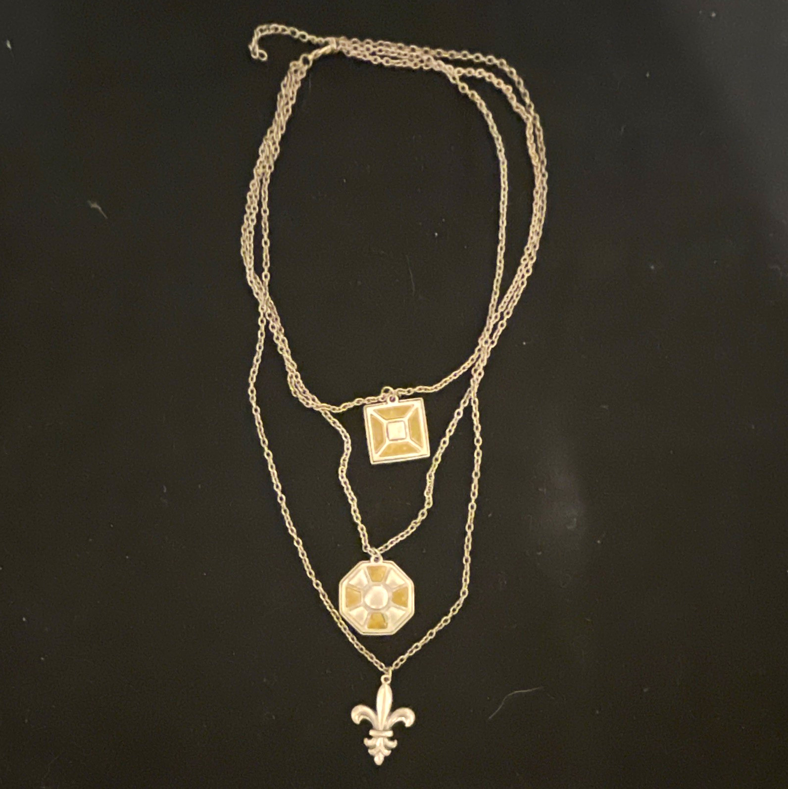 Layered Silver Tone Multi-Strand Cable Chain Necklace Fleur-de-Lis Charms