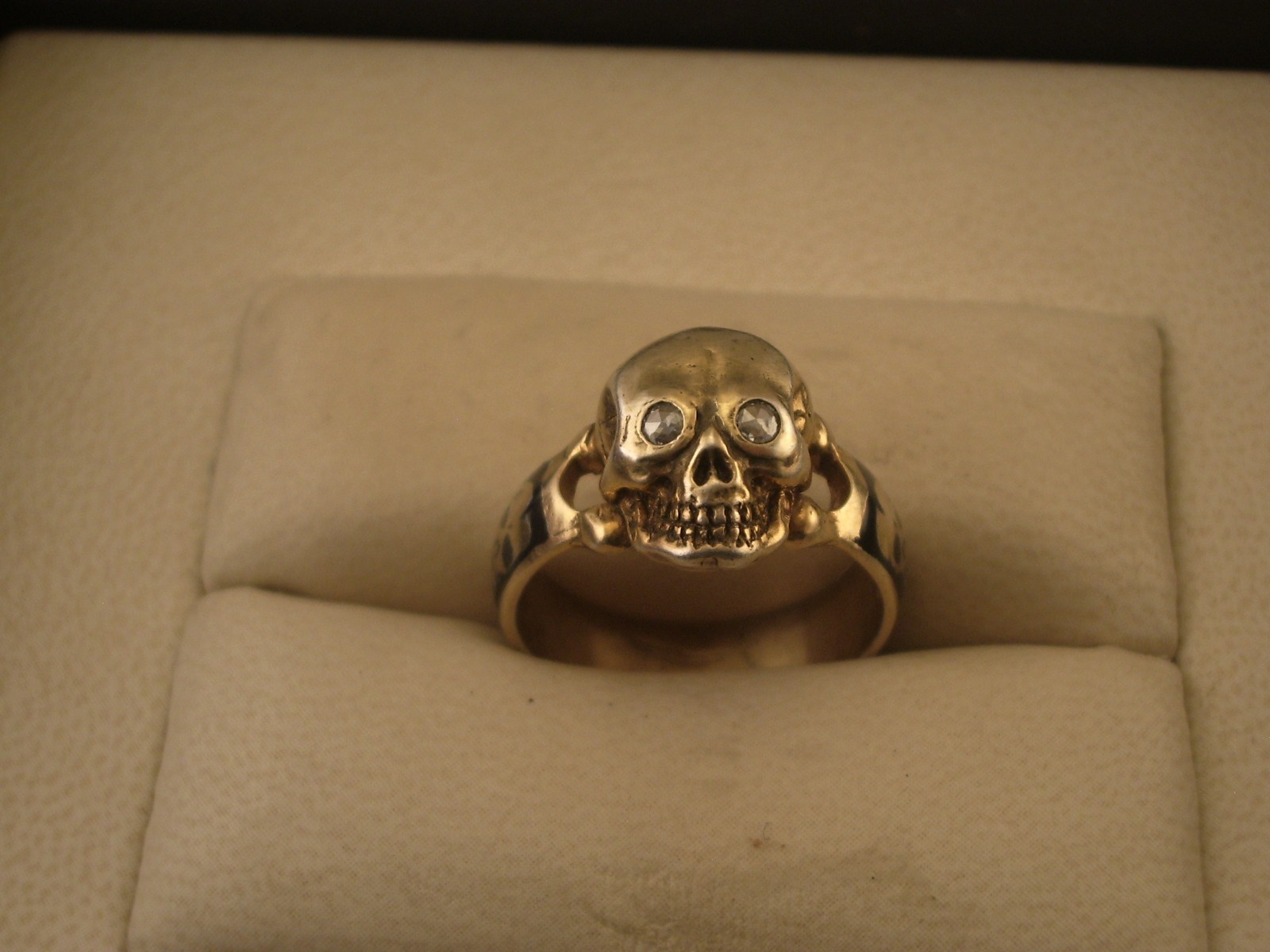 Antique Vtg Gold plated silver enamel diamond masonic memento mori ring Sz7.5