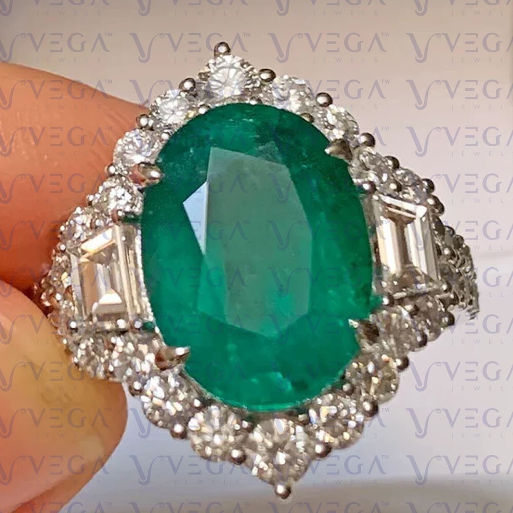 7.90ct Oval Cut Natural Emerald & Diamond Engagement Ring 18K White Gold Plated