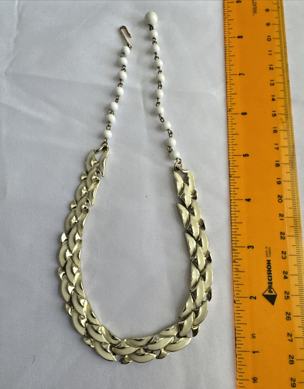 Vintage Coro Signed White Enamel Chevron Leaf Link Choker Necklace 1950s