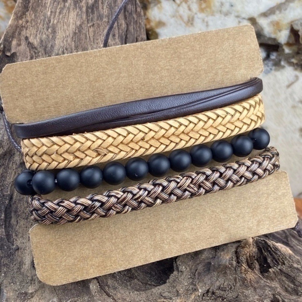 Mens Bracelets Bundle Adjustable Faux Leather and Hemp Matte Onyx Stone Beads
