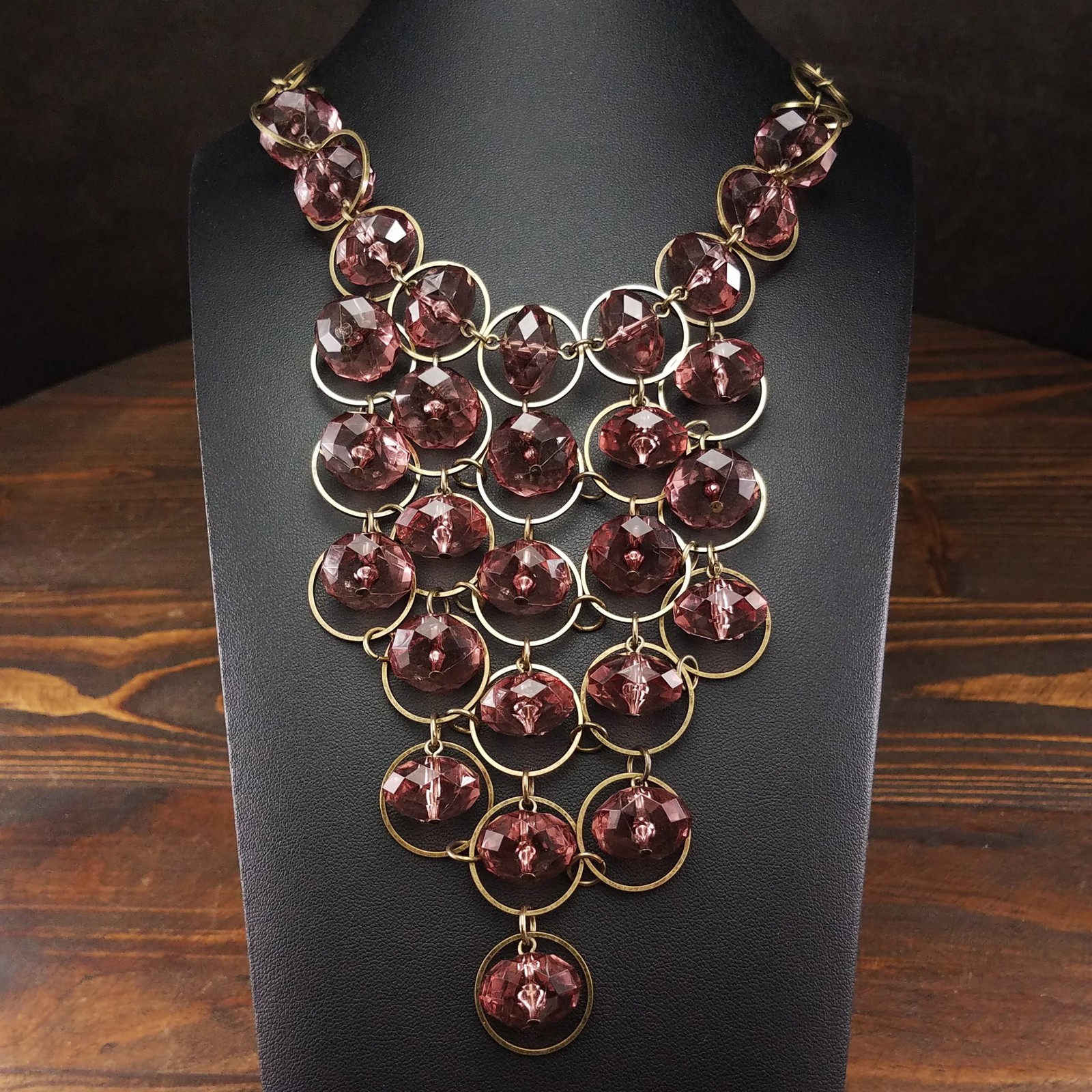 Vintage Lucite Bead Waterfall Boho Necklace Estate Purple Pink Beaded Jewelry