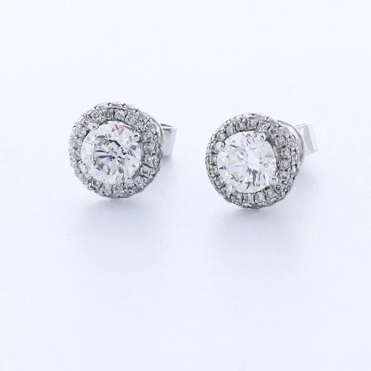 Stud Earrings Solid 14K White Gold Halo 1.60 Carat Round Natural Diamond H SI2