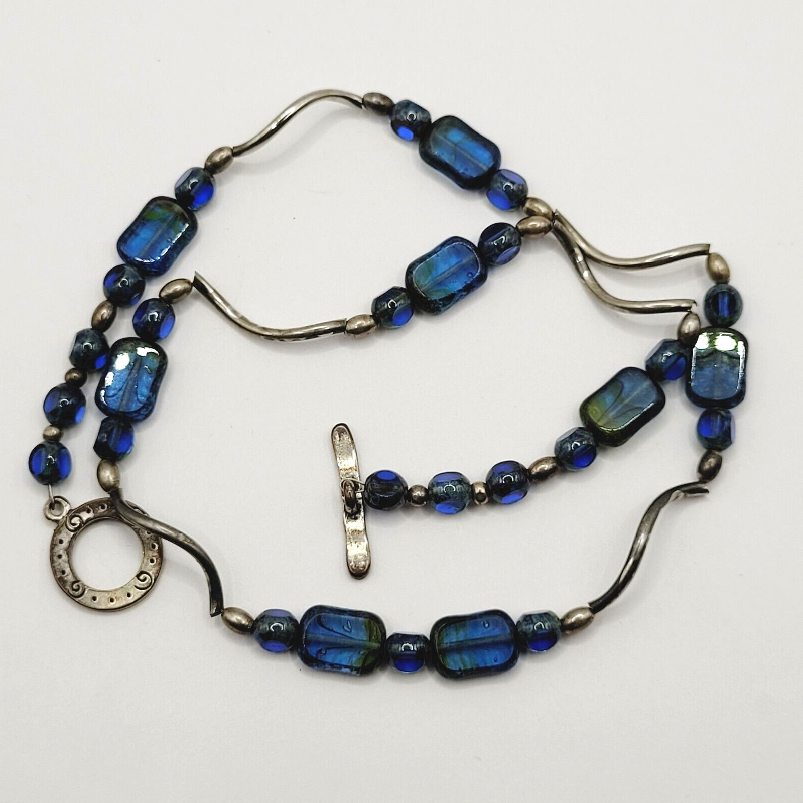 Vintage Blue Green Translucent Art Glass Necklace Wavy Silver Tone Alloy 18 in